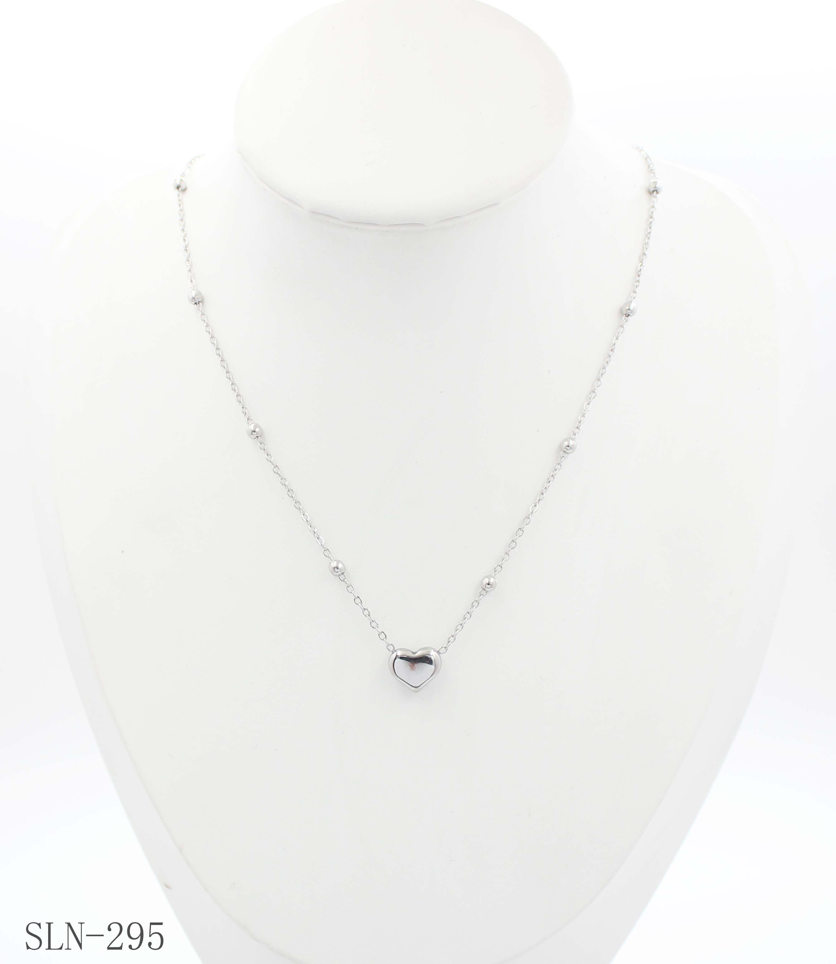 Spaced Round Bead Heart Charm Necklace | Solid Stainless Steel Vacuum Ion Silver Plated Mini Puffy Heart Women Layering Clavicle Chain Wholesale