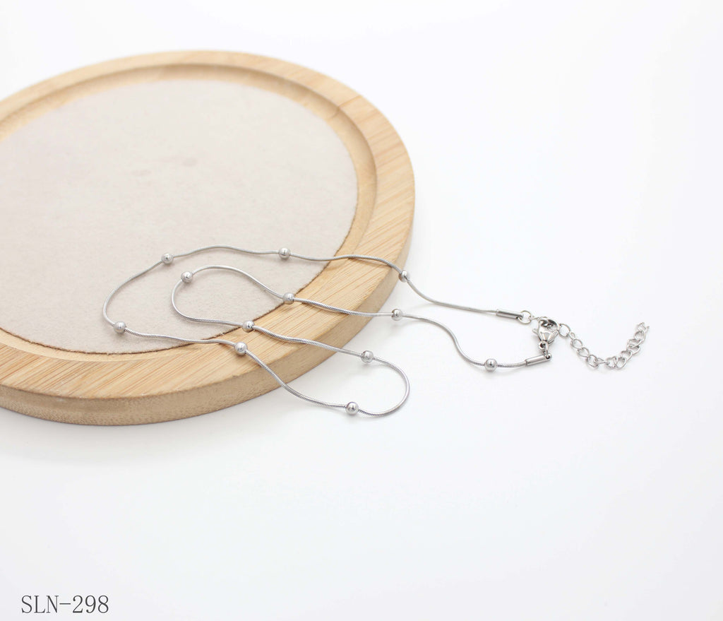 Flexible Snake Wire Beaded Station Necklace | Solid Stainless Steel Vacuum Ion Silver Plated Smooth Dotted Blank Women’s Stacking Chain Factory Wholesale