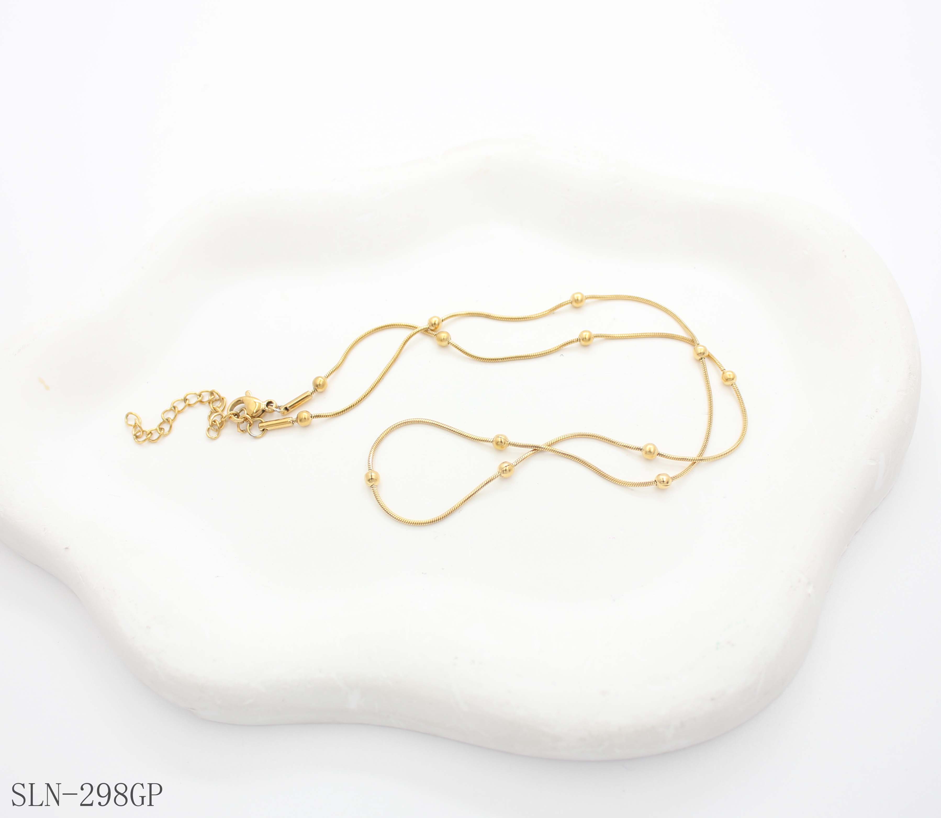 Flat Snake Chain Station Bead Layering Necklace | Solid Stainless Steel Vacuum Ion Gold Plated Slim Smooth Dotted Women Blank Clavicle Chain Factory Wholesale