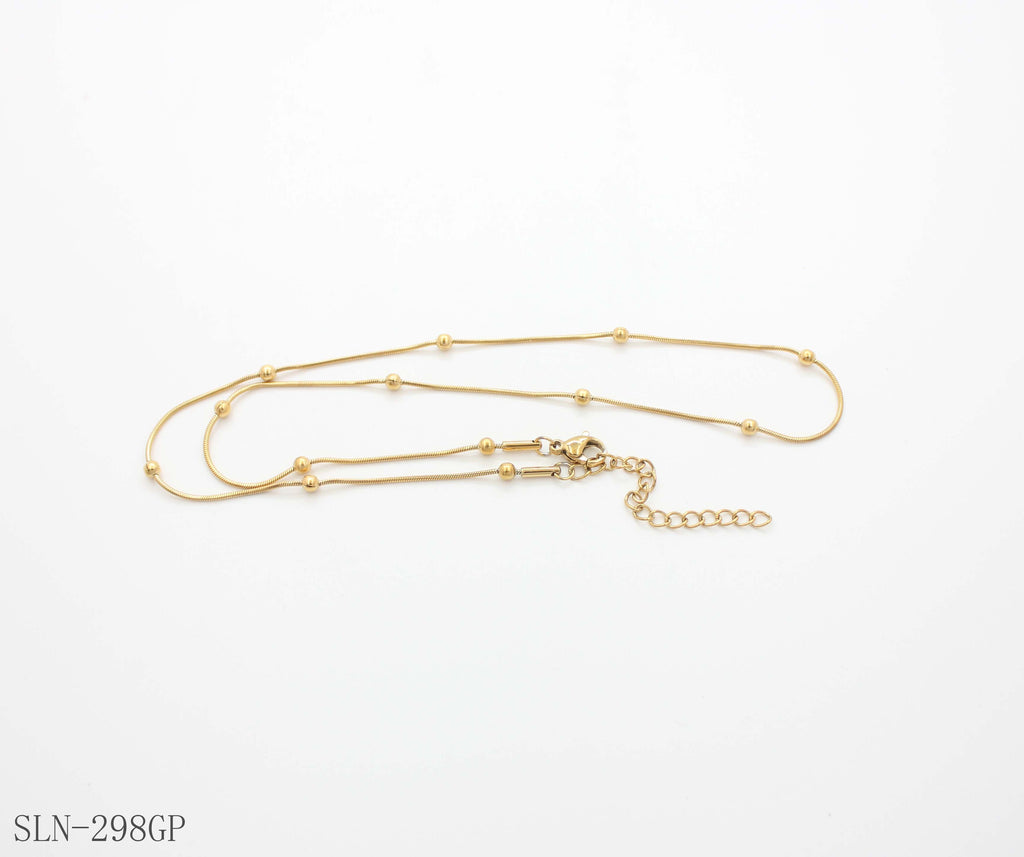 Flat Snake Chain Station Bead Layering Necklace | Solid Stainless Steel Vacuum Ion Gold Plated Slim Smooth Dotted Women Blank Clavicle Chain Factory Wholesale