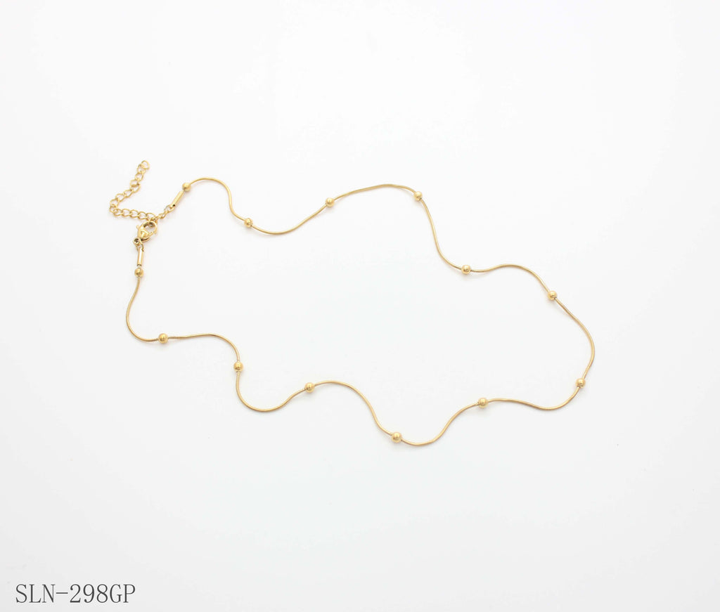 Flat Snake Chain Station Bead Layering Necklace | Solid Stainless Steel Vacuum Ion Gold Plated Slim Smooth Dotted Women Blank Clavicle Chain Factory Wholesale