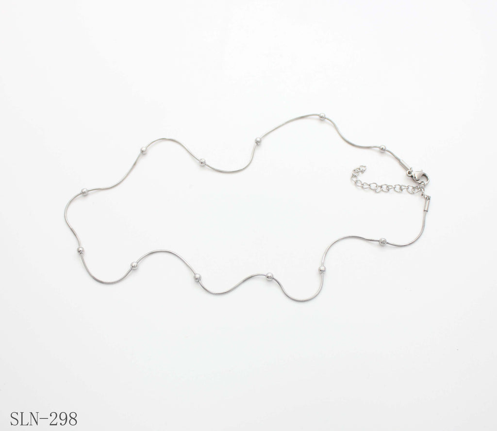 Flexible Snake Wire Beaded Station Necklace | Solid Stainless Steel Vacuum Ion Silver Plated Smooth Dotted Blank Women’s Stacking Chain Factory Wholesale