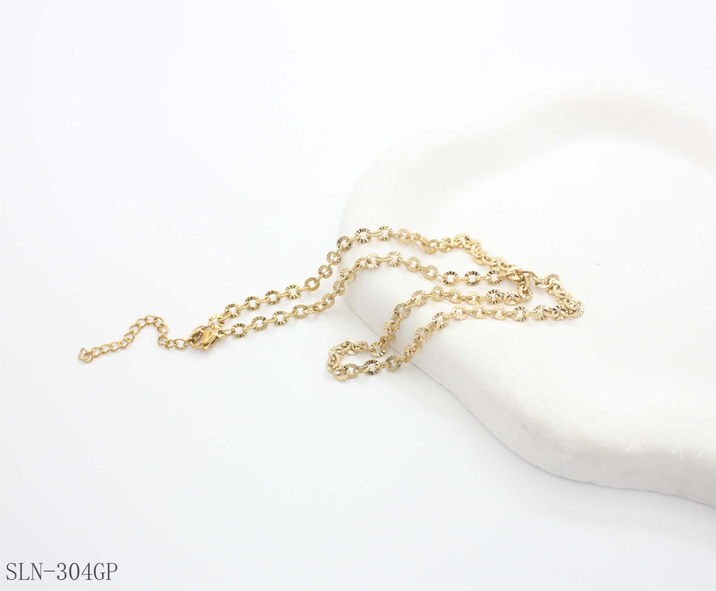 Sparkly Flower-Cut Fan Link Basic Chain | Solid Stainless Steel Vacuum Ion Gold Plated Faceted Reflective Women Layering Clavicle Chain Bulk Wholesale