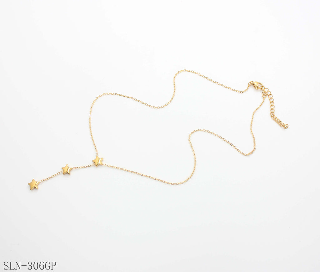 Vertical Star Tassel Y Lariat Necklace | Stainless Steel Vacuum Ion Gold Plated Slim Single Chain Three-Star Drop Clavicle Chain Bulk Wholesale