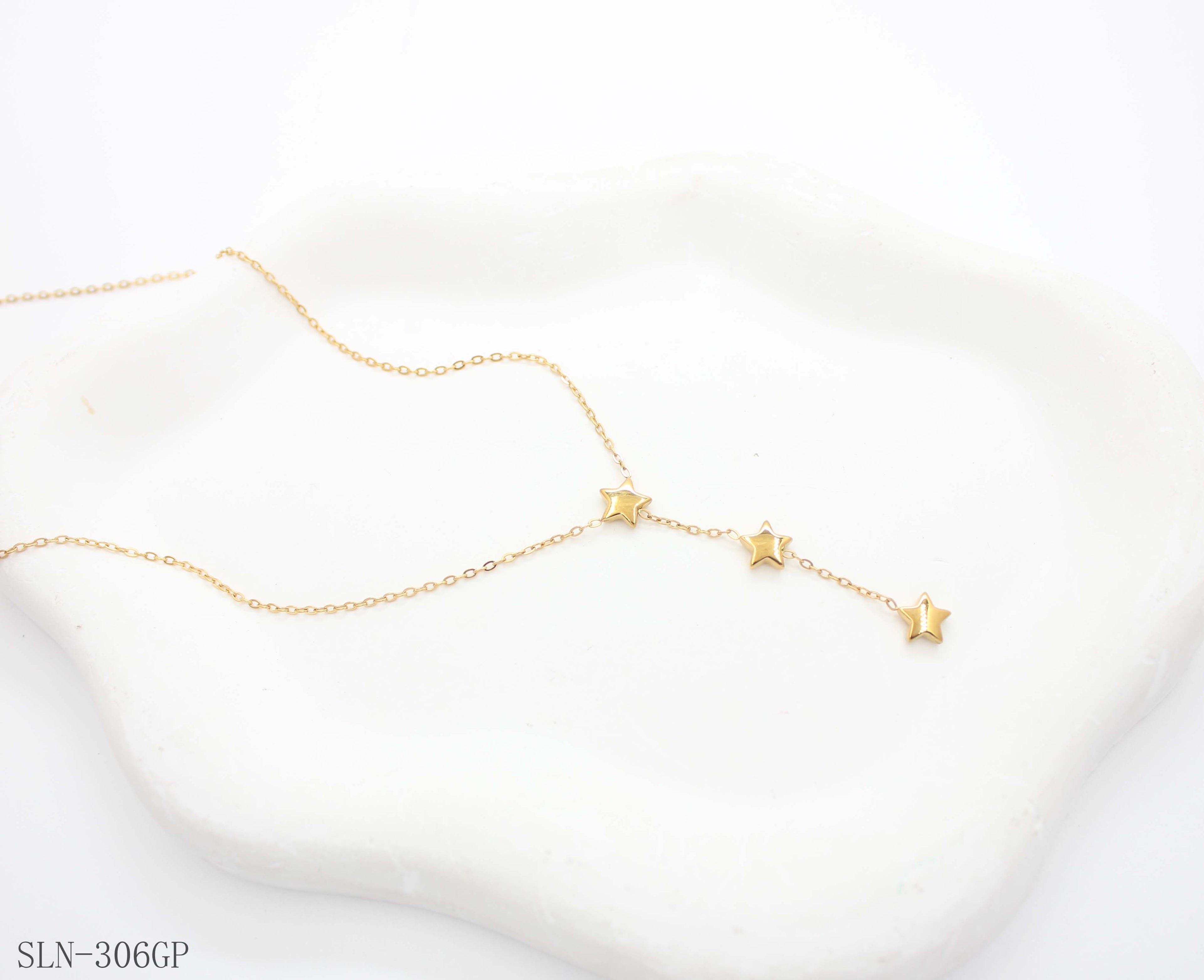 Vertical Star Tassel Y Lariat Necklace | Stainless Steel Vacuum Ion Gold Plated Slim Single Chain Three-Star Drop Clavicle Chain Bulk Wholesale
