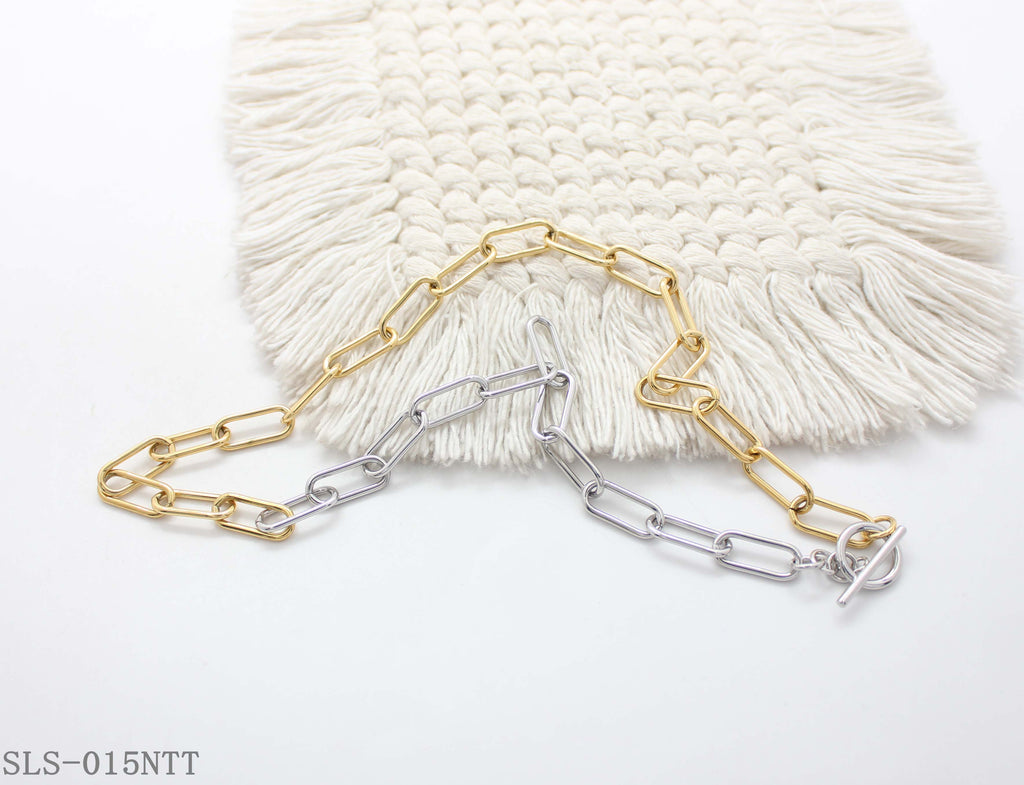 Matching Collection Two-Tone Gold Silver Paperclip OT Toggle Stainless Steel Necklace | Factory Direct Wholesale