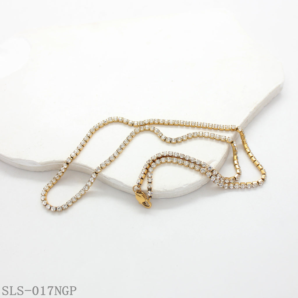 2‑Tone Vacuum Gold Plated & Polished Silver Stainless Steel Full‑Paved Round Crystal Tennis Necklace | Factory Direct Wholesale