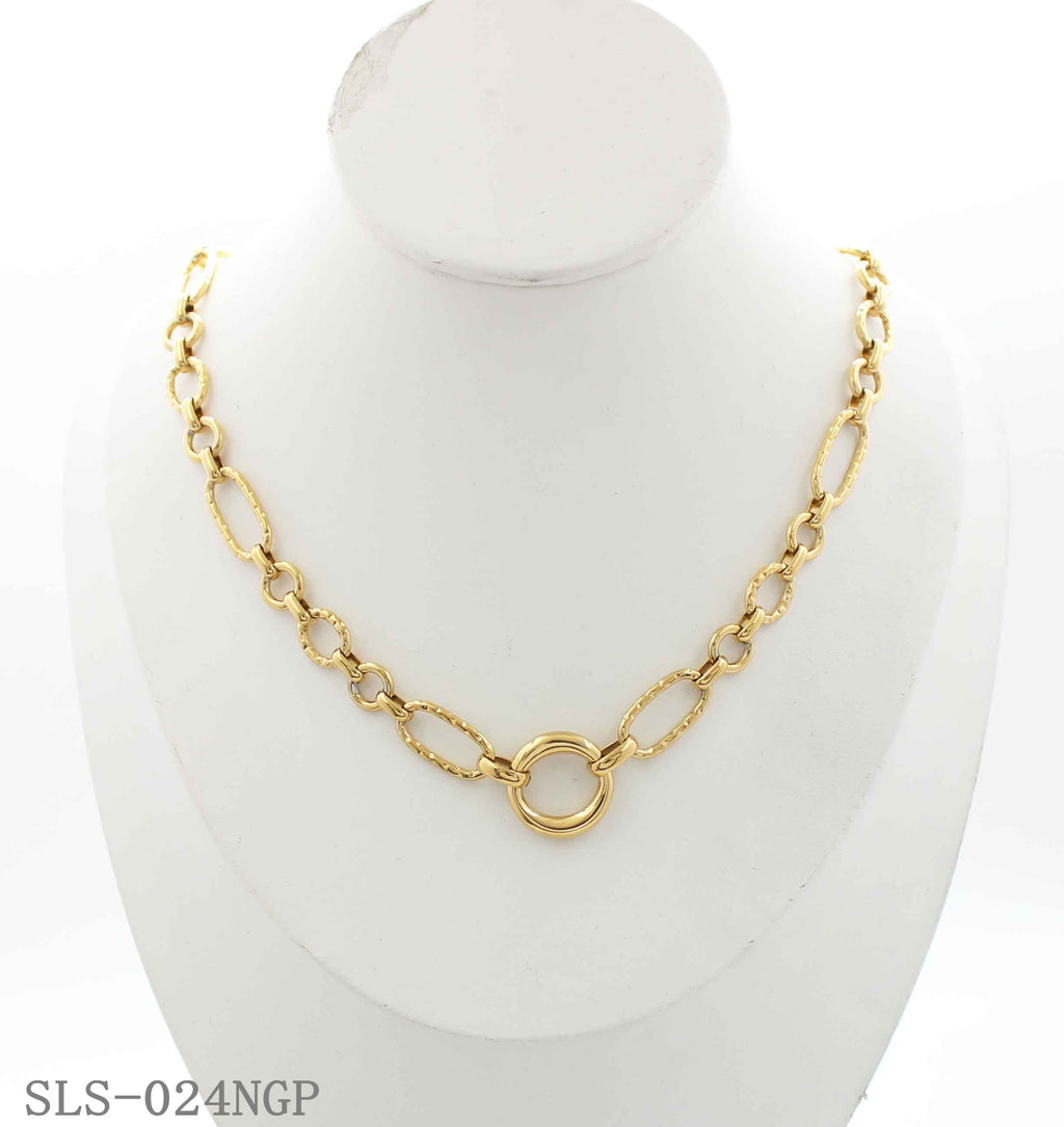 Extender Hammer Textured Mixed Link Gold Plated Stainless Steel Center Ring Choker Necklace | Factory Direct Wholesale