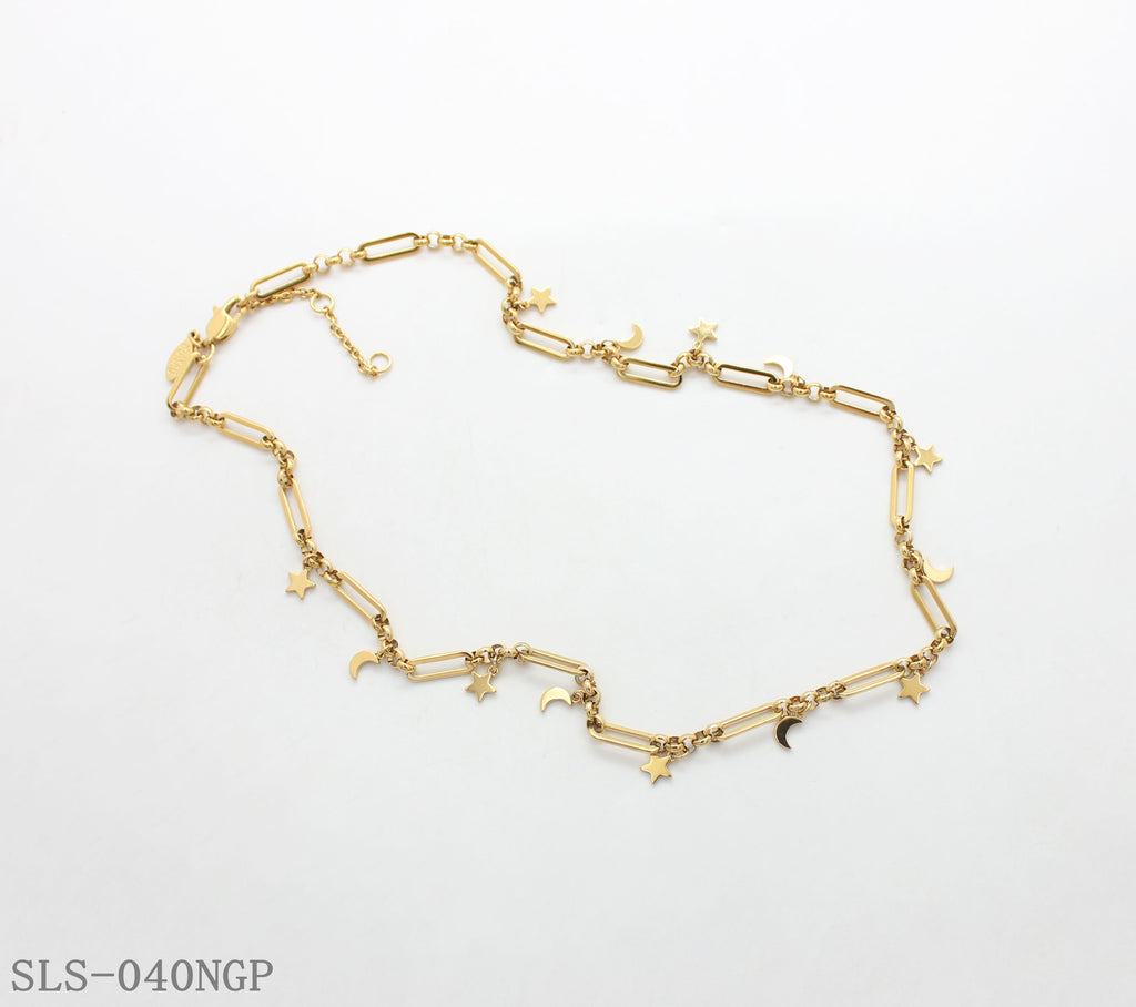Equal‑Size Paperclip Chain Scattered Tiny Star‑Moon Charms Vacuum Gold Plated Stainless Steel Everyday Necklace | Factory Direct Wholesale