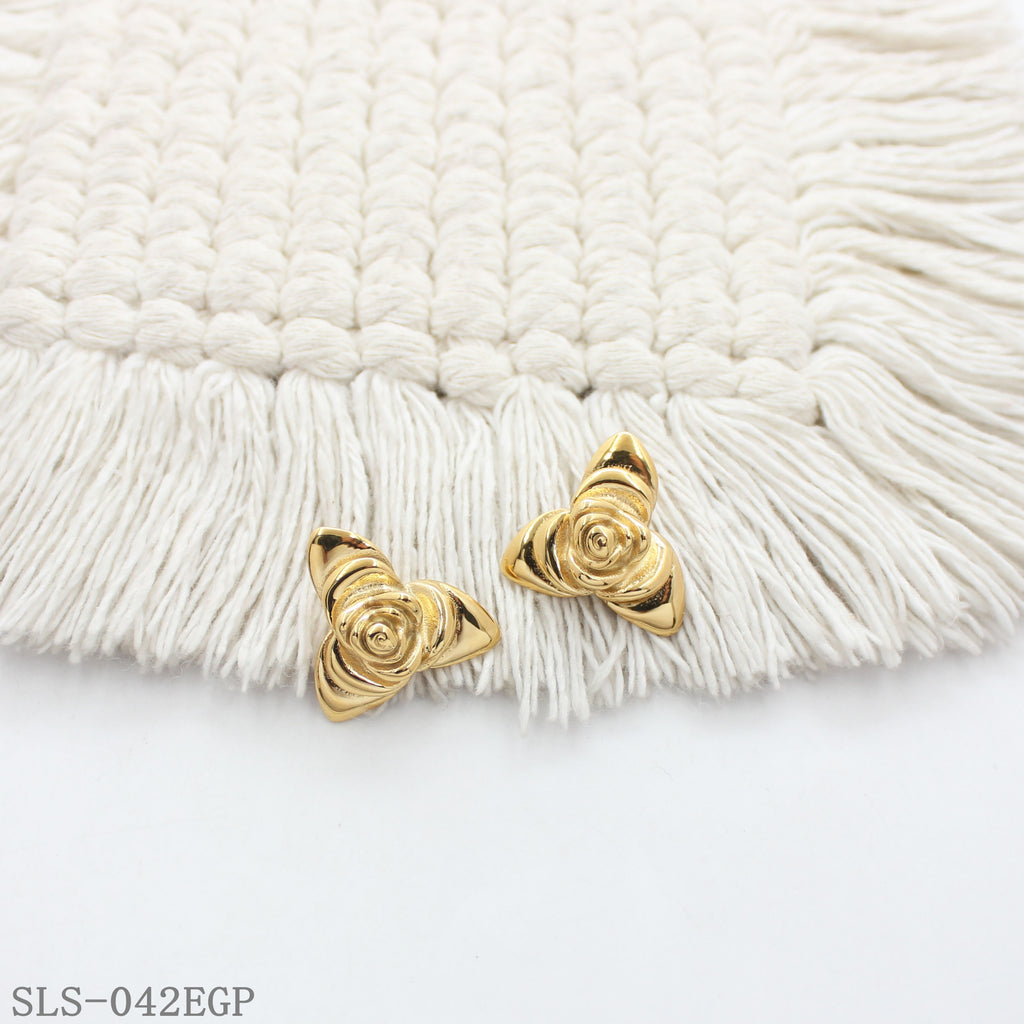 Embossed Triple Petal Sculpted Rose Gold Plated Stainless Steel Vintage Stud Earrings | Factory Direct Wholesale