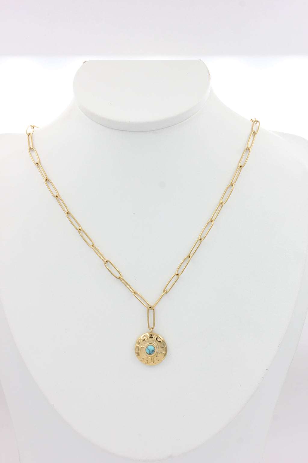 Minimal Western Thin Paperclip Chain Hammered Turquoise‑Inset Medallion Stainless Steel Necklace | Factory Direct Wholesale