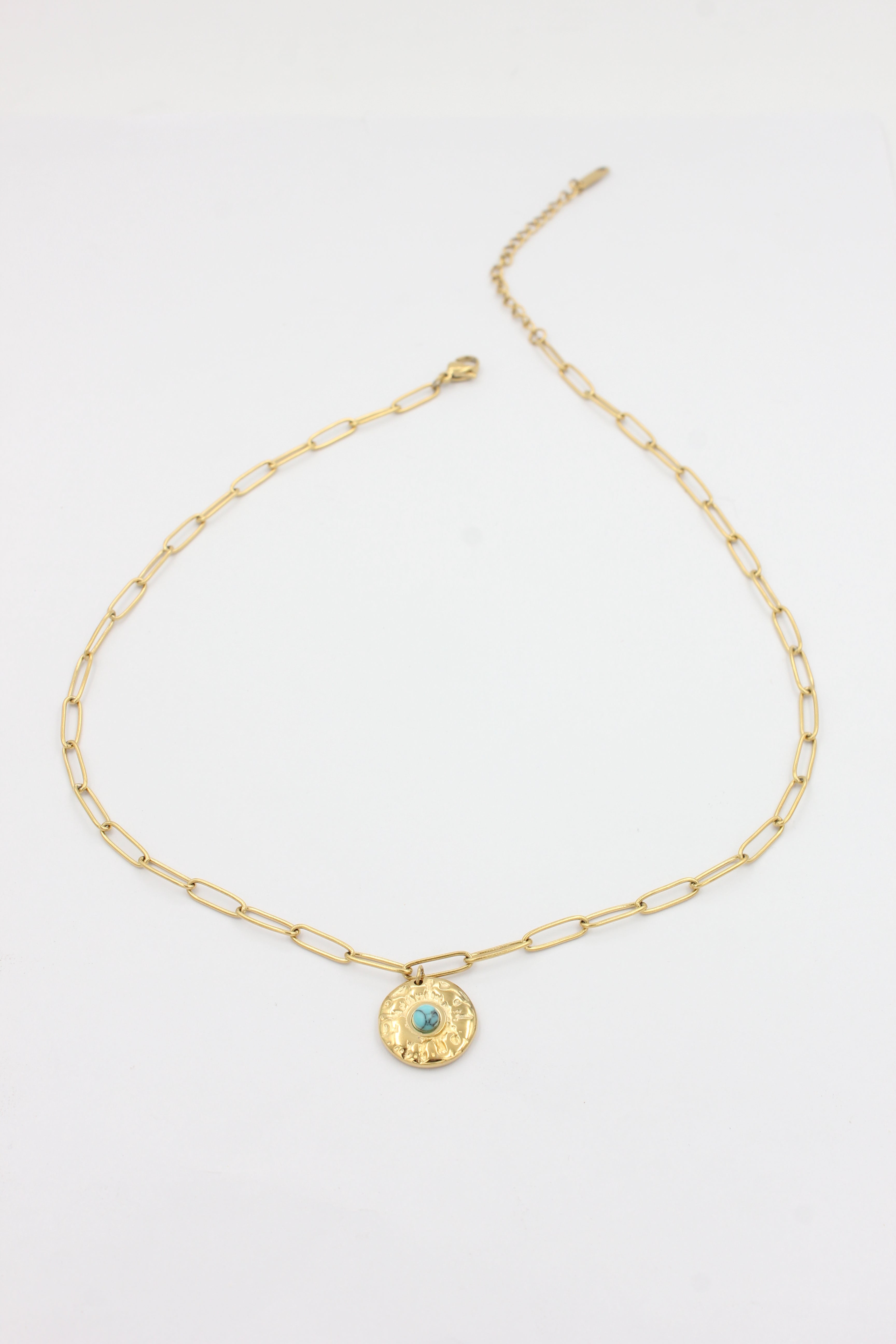 Minimal Western Thin Paperclip Chain Hammered Turquoise‑Inset Medallion Stainless Steel Necklace | Factory Direct Wholesale