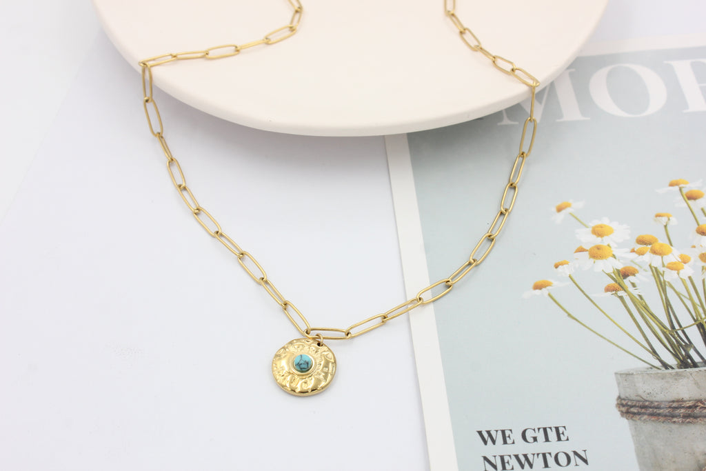 Minimal Western Thin Paperclip Chain Hammered Turquoise‑Inset Medallion Stainless Steel Necklace | Factory Direct Wholesale