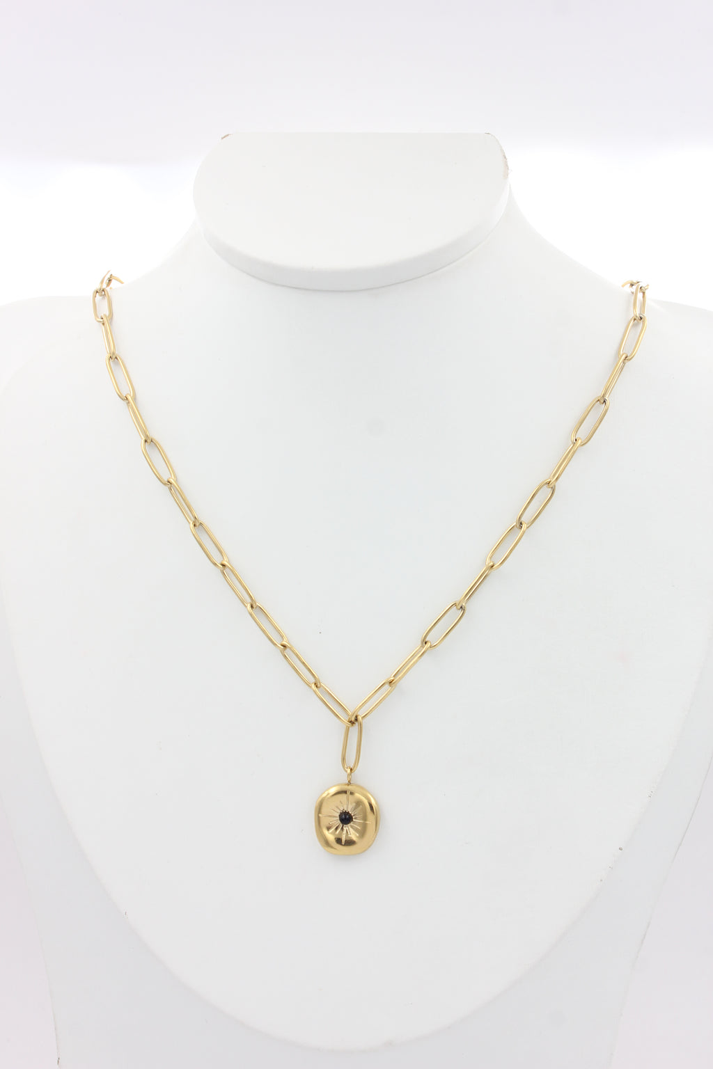 Uniform Equal‑Size Paperclip Chain Sun‑Ray Textured Black‑Crystal Inset Irregular Disc Stainless Steel Necklace | Factory Direct Wholesale