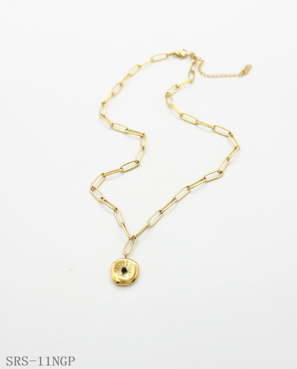Uniform Equal‑Size Paperclip Chain Sun‑Ray Textured Black‑Crystal Inset Irregular Disc Stainless Steel Necklace | Factory Direct Wholesale
