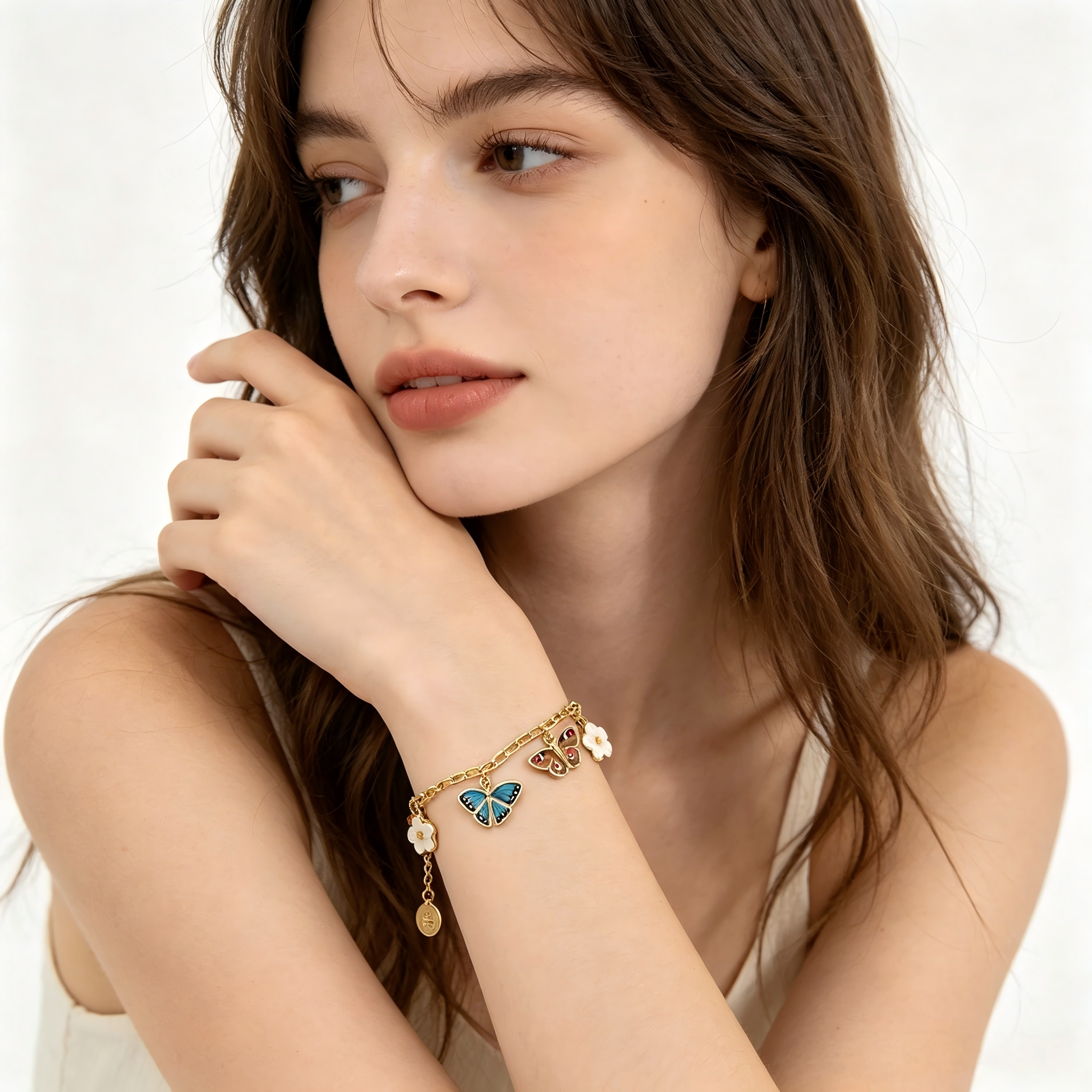 Whimsical Enamel Butterfly & Natural Shell Flower Charm Real Gold‑Plated Copper Chain 8" Bracelet | Factory Direct Wholesale