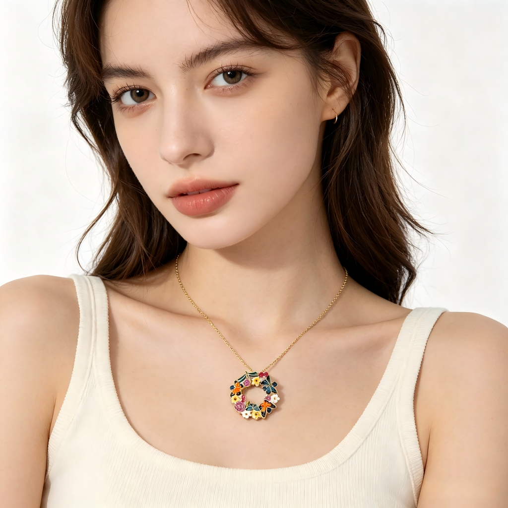 Forest‑Inspired Enamel Butterfly Dragonfly Wreath Pendant Real Gold‑Plated Copper Chain Necklace | Factory Direct Wholesale