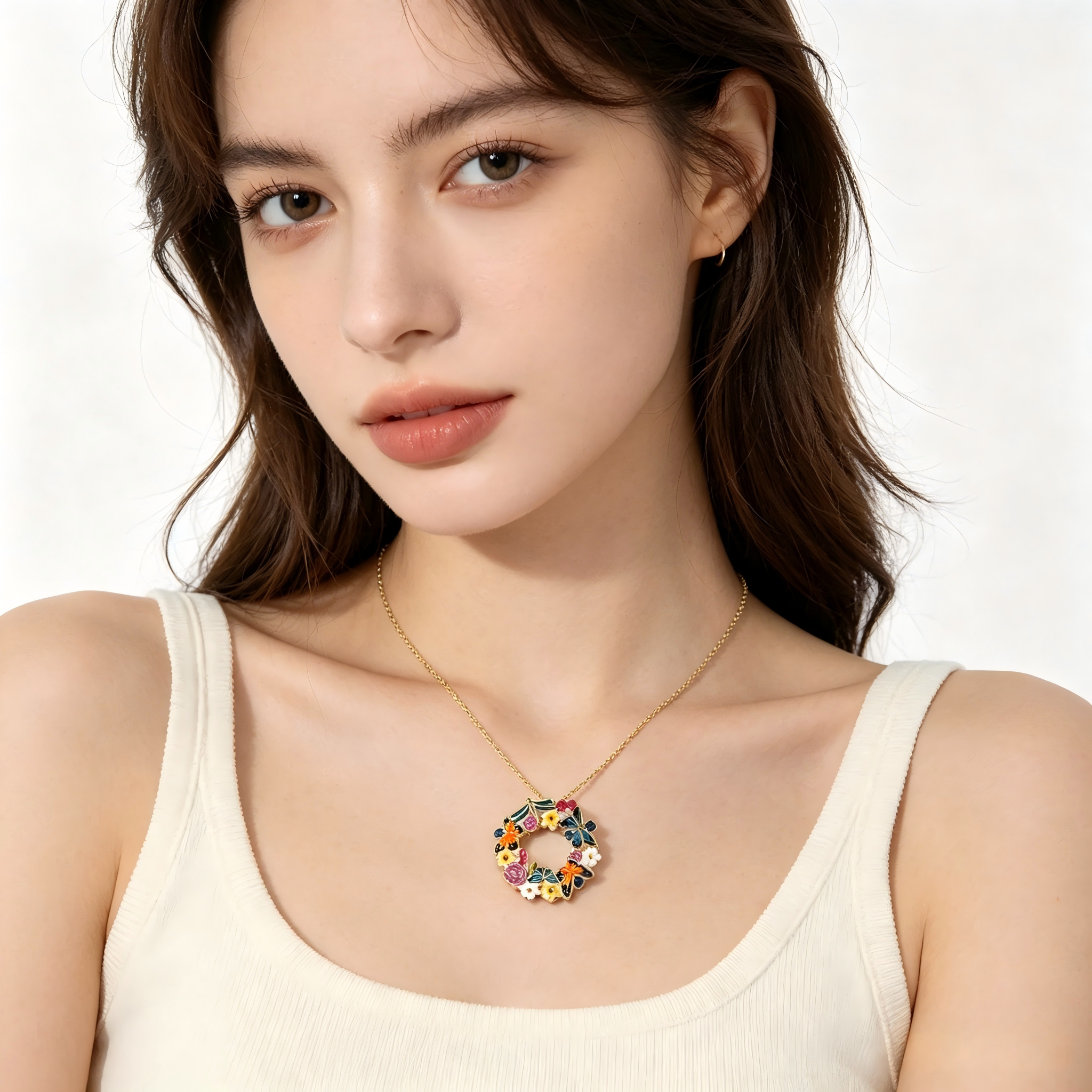 Forest‑Inspired Enamel Butterfly Dragonfly Wreath Pendant Real Gold‑Plated Copper Chain Necklace | Factory Direct Wholesale