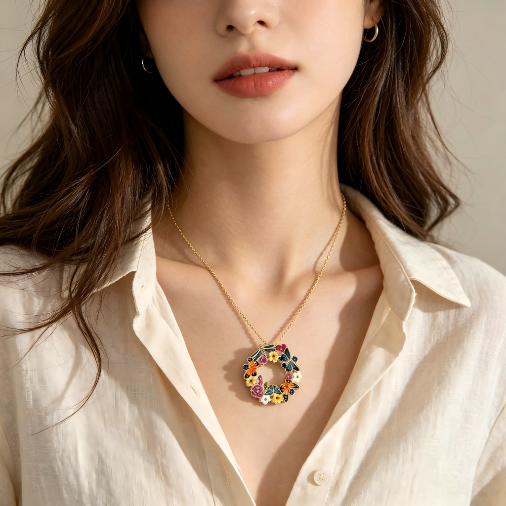 Forest‑Inspired Enamel Butterfly Dragonfly Wreath Pendant Real Gold‑Plated Copper Chain Necklace | Factory Direct Wholesale