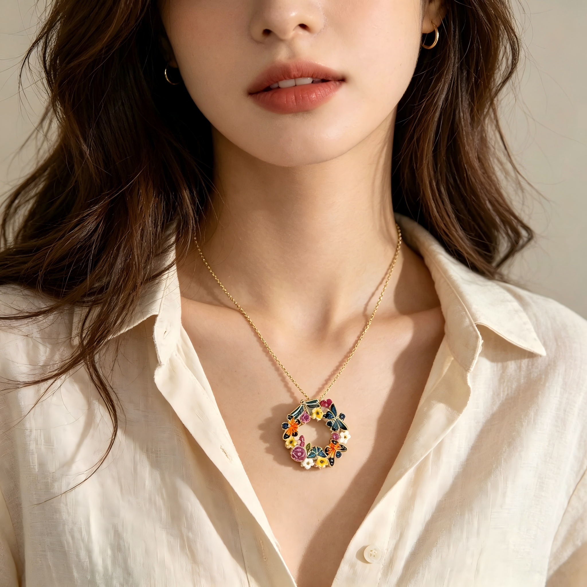 Forest‑Inspired Enamel Butterfly Dragonfly Wreath Pendant Real Gold‑Plated Copper Chain Necklace | Factory Direct Wholesale