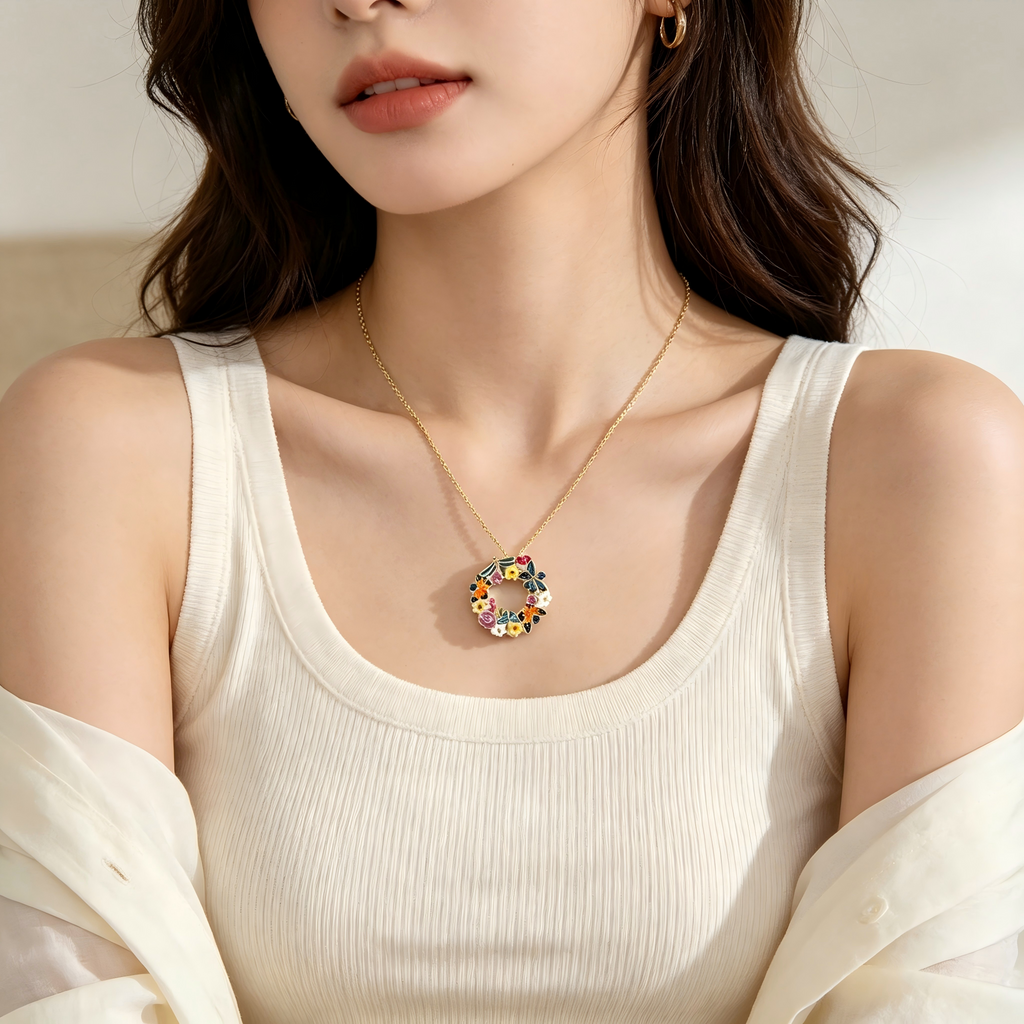 Forest‑Inspired Enamel Butterfly Dragonfly Wreath Pendant Real Gold‑Plated Copper Chain Necklace | Factory Direct Wholesale