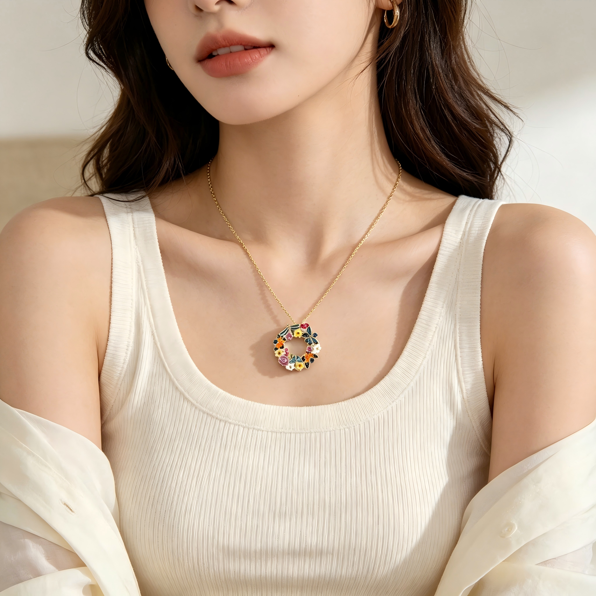 Forest‑Inspired Enamel Butterfly Dragonfly Wreath Pendant Real Gold‑Plated Copper Chain Necklace | Factory Direct Wholesale