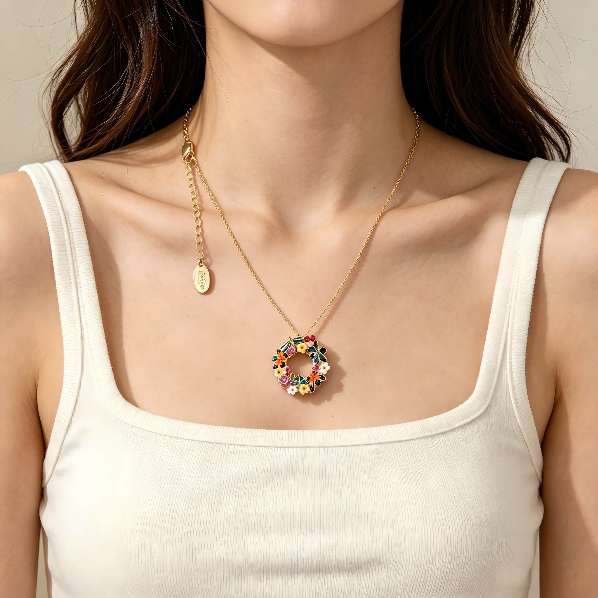 Forest‑Inspired Enamel Butterfly Dragonfly Wreath Pendant Real Gold‑Plated Copper Chain Necklace | Factory Direct Wholesale