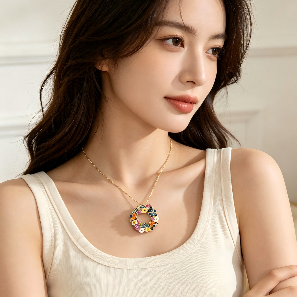 Forest‑Inspired Enamel Butterfly Dragonfly Wreath Pendant Real Gold‑Plated Copper Chain Necklace | Factory Direct Wholesale