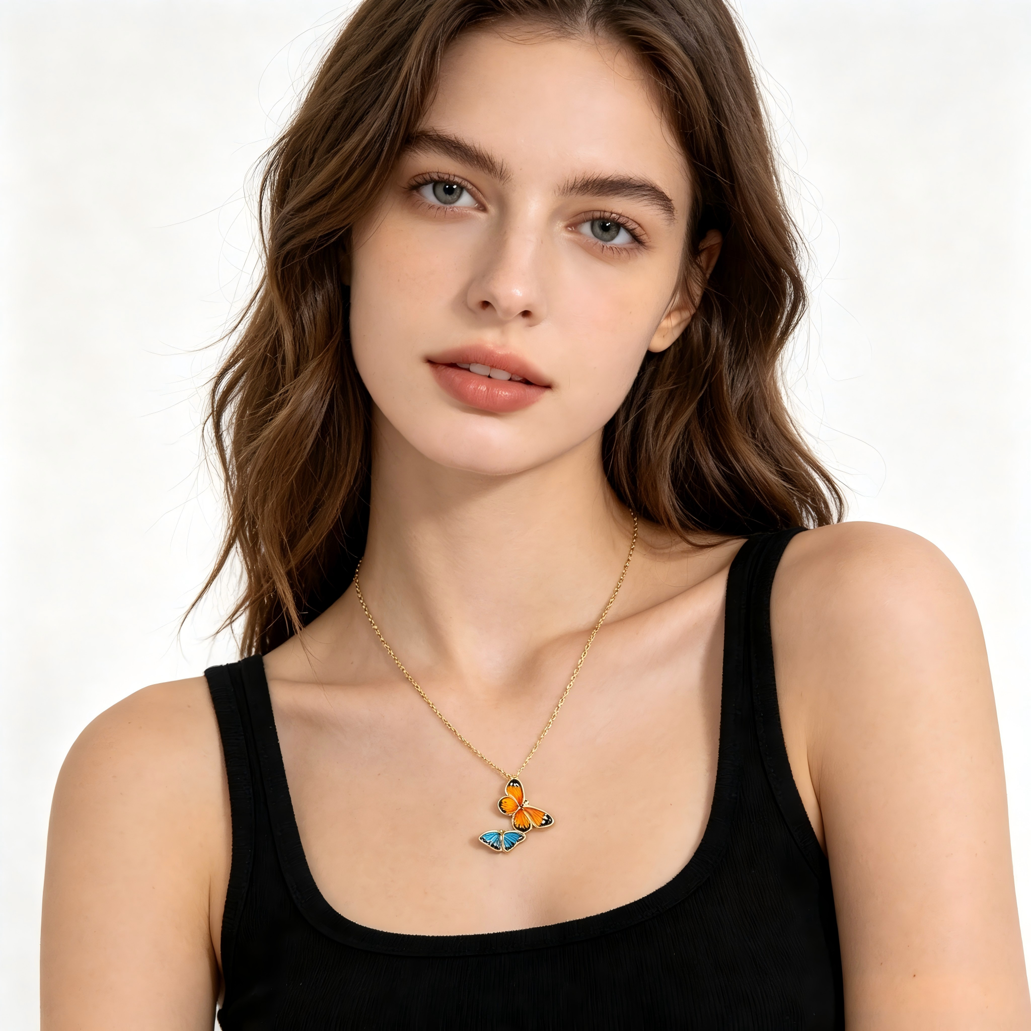 Minimalist Two‑Butterfly Enamel Pendant Real Gold‑Plated Copper Chain Choker Necklace | Factory Direct Wholesale
