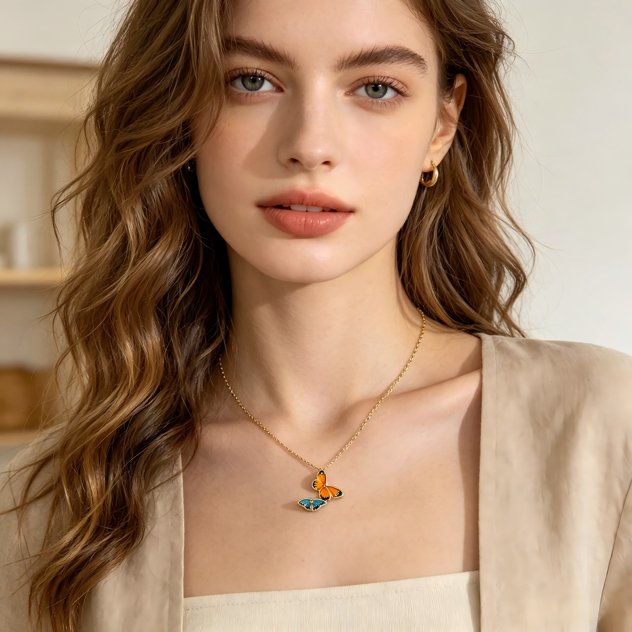 Minimalist Two‑Butterfly Enamel Pendant Real Gold‑Plated Copper Chain Choker Necklace | Factory Direct Wholesale