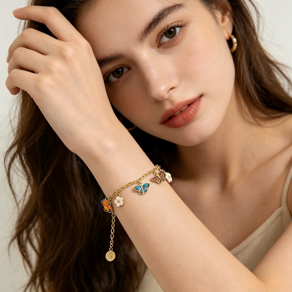 Whimsical Enamel Butterfly & Natural Shell Flower Charm Real Gold‑Plated Copper Chain 8" Bracelet | Factory Direct Wholesale