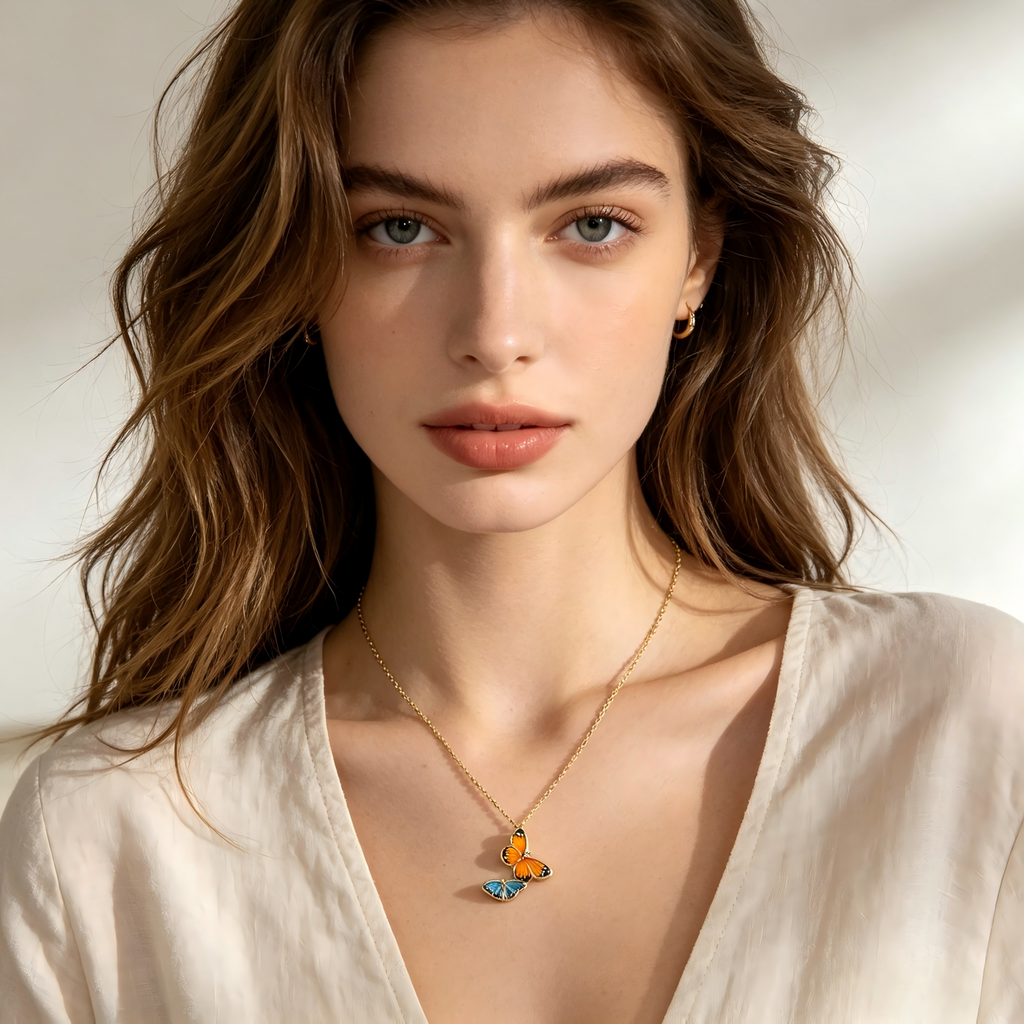 Minimalist Two‑Butterfly Enamel Pendant Real Gold‑Plated Copper Chain Choker Necklace | Factory Direct Wholesale
