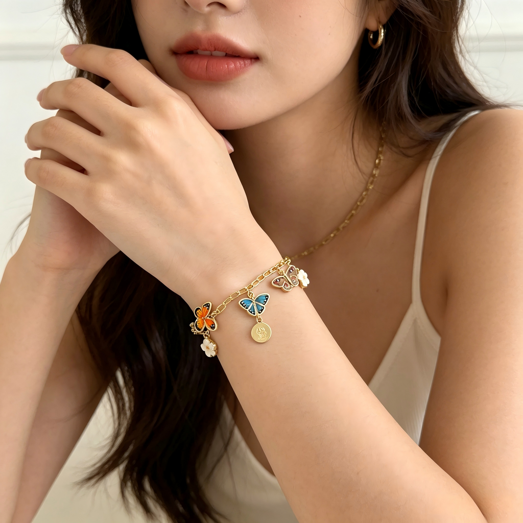 Whimsical Enamel Butterfly & Natural Shell Flower Charm Real Gold‑Plated Copper Chain 8" Bracelet | Factory Direct Wholesale
