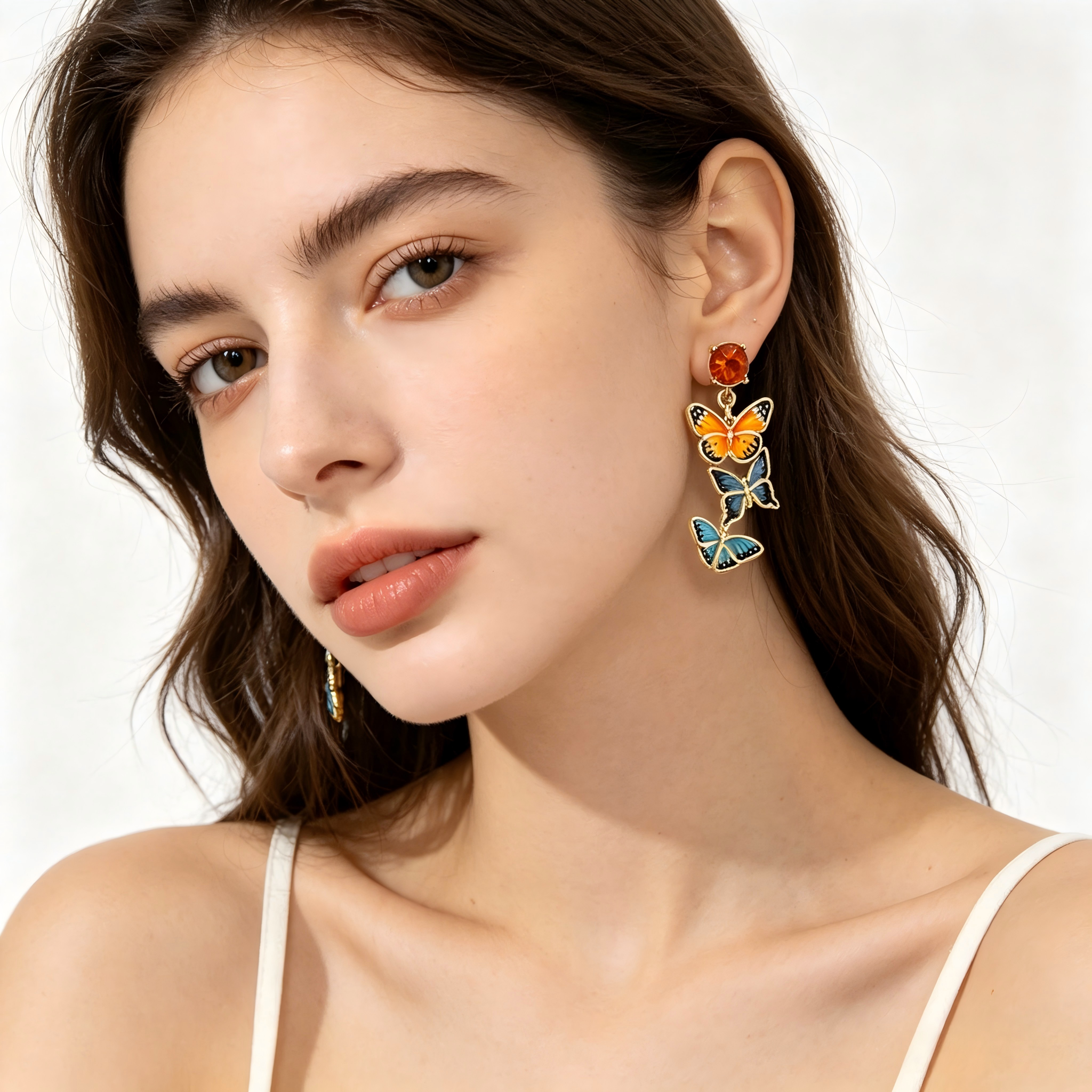 Tiered 3‑Style Enamel Butterfly & Top Crystal Accent Real Gold‑Plated Copper Drop Earrings | Factory Direct Wholesale