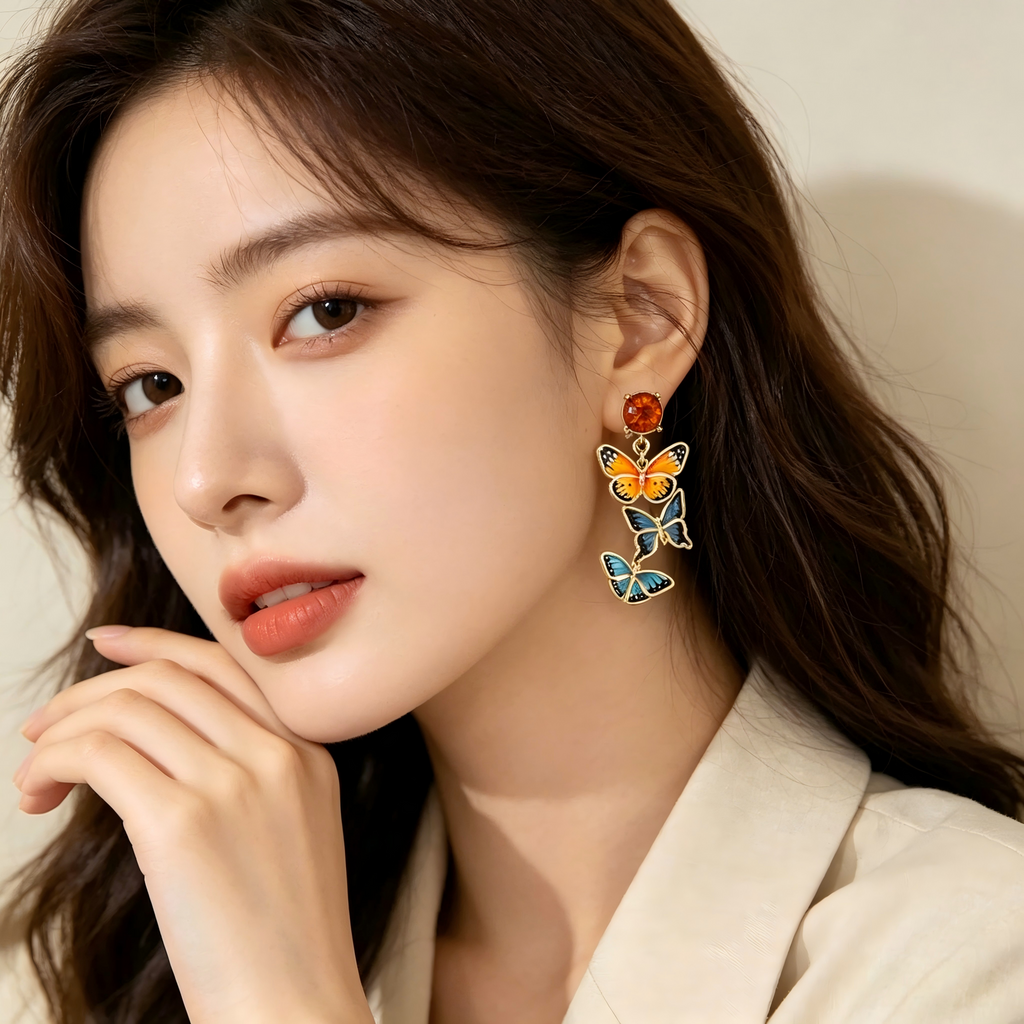 Tiered 3‑Style Enamel Butterfly & Top Crystal Accent Real Gold‑Plated Copper Drop Earrings | Factory Direct Wholesale