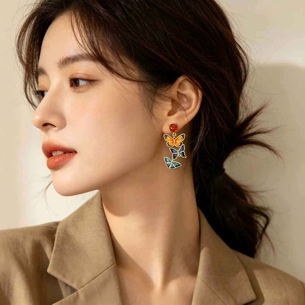 Tiered 3‑Style Enamel Butterfly & Top Crystal Accent Real Gold‑Plated Copper Drop Earrings | Factory Direct Wholesale