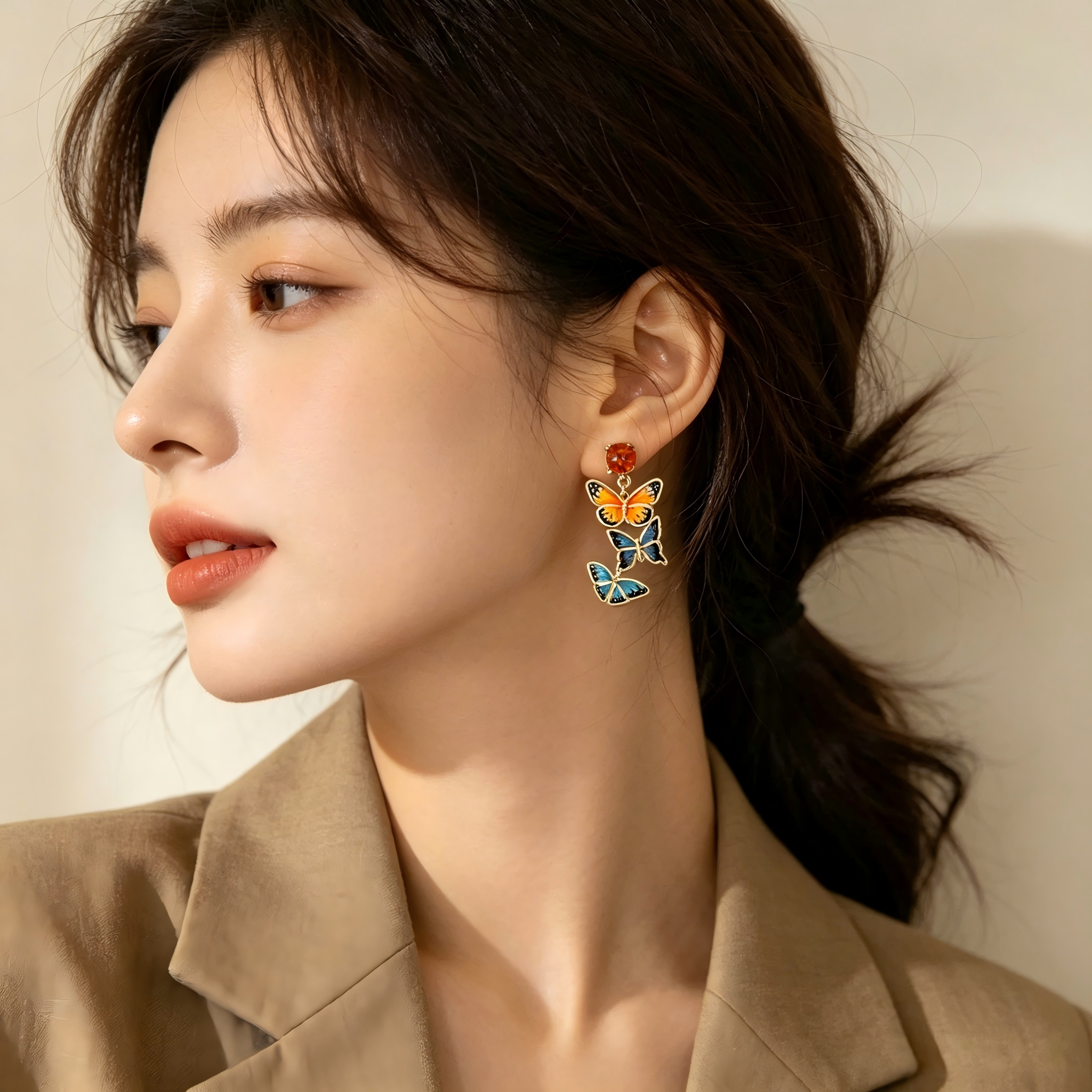 Tiered 3‑Style Enamel Butterfly & Top Crystal Accent Real Gold‑Plated Copper Drop Earrings | Factory Direct Wholesale