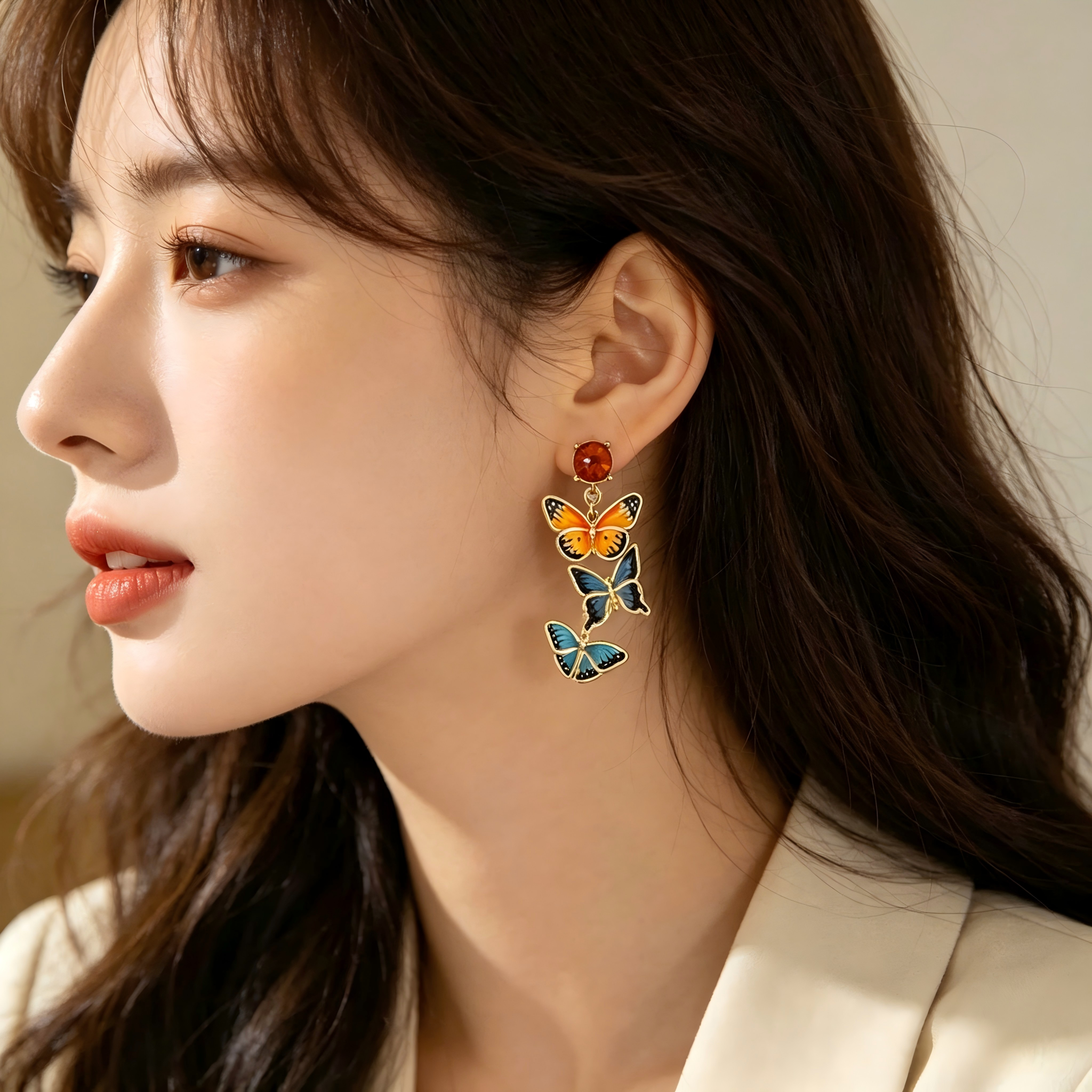 Tiered 3‑Style Enamel Butterfly & Top Crystal Accent Real Gold‑Plated Copper Drop Earrings | Factory Direct Wholesale