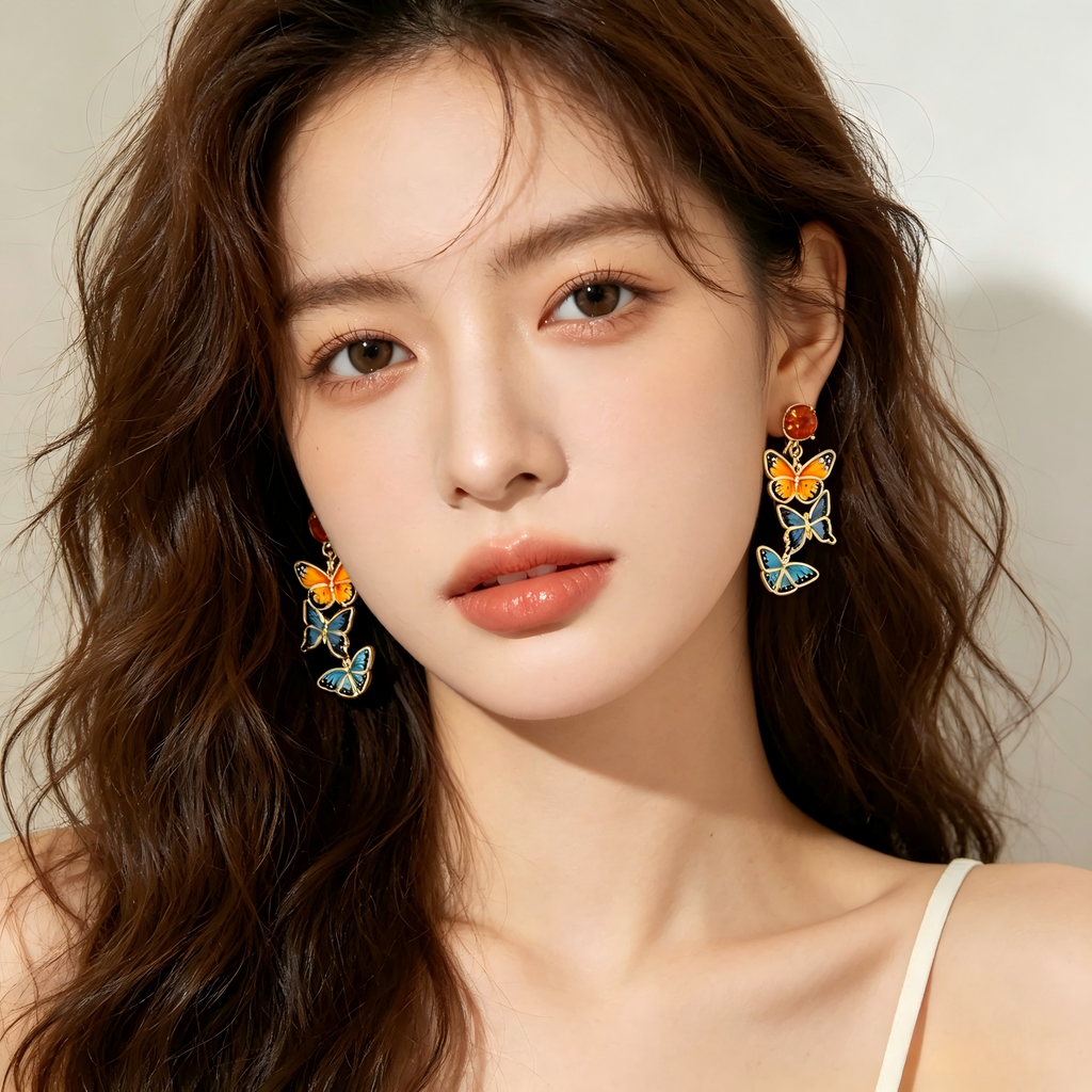 Tiered 3‑Style Enamel Butterfly & Top Crystal Accent Real Gold‑Plated Copper Drop Earrings | Factory Direct Wholesale