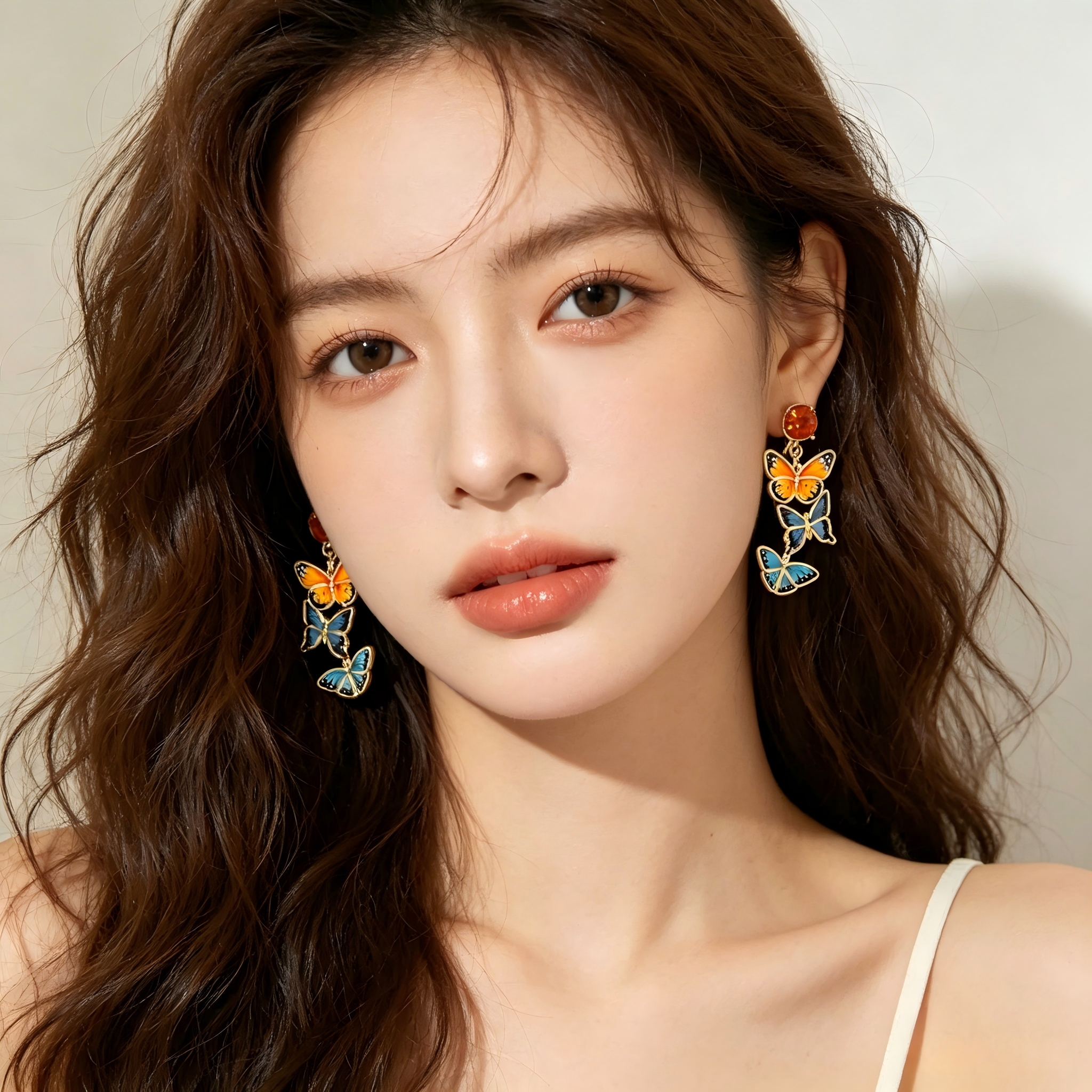 Tiered 3‑Style Enamel Butterfly & Top Crystal Accent Real Gold‑Plated Copper Drop Earrings | Factory Direct Wholesale
