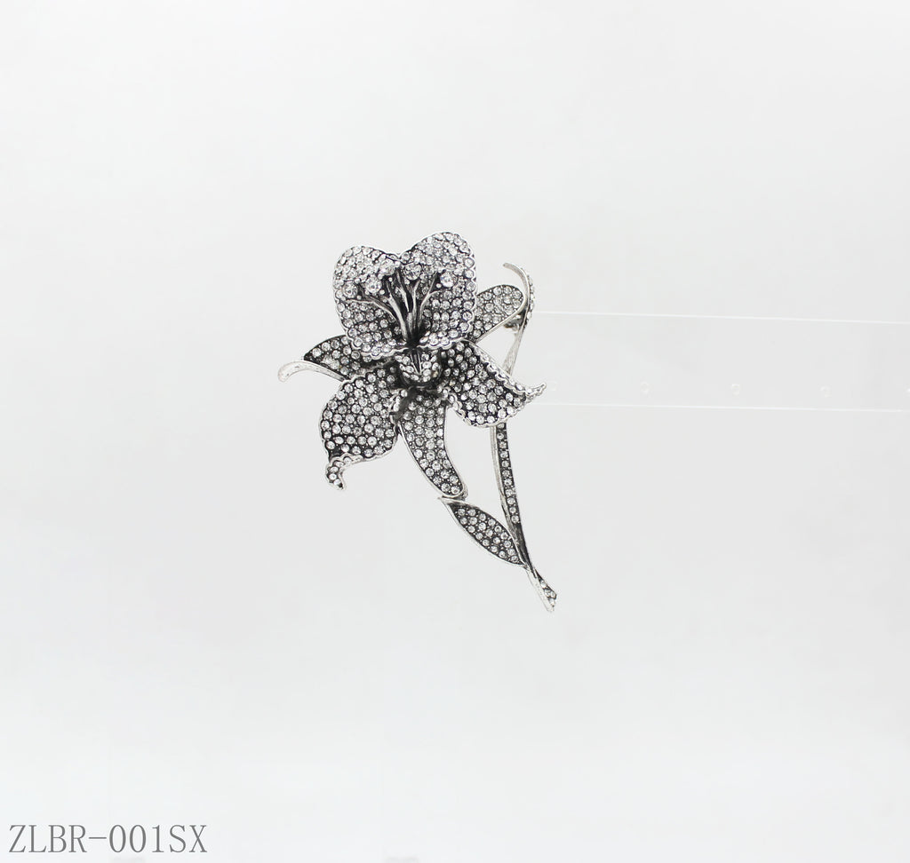Zara Style Antique Silver Full‑Paved Crystal Lily Statement Brooch | Factory Direct Wholesale