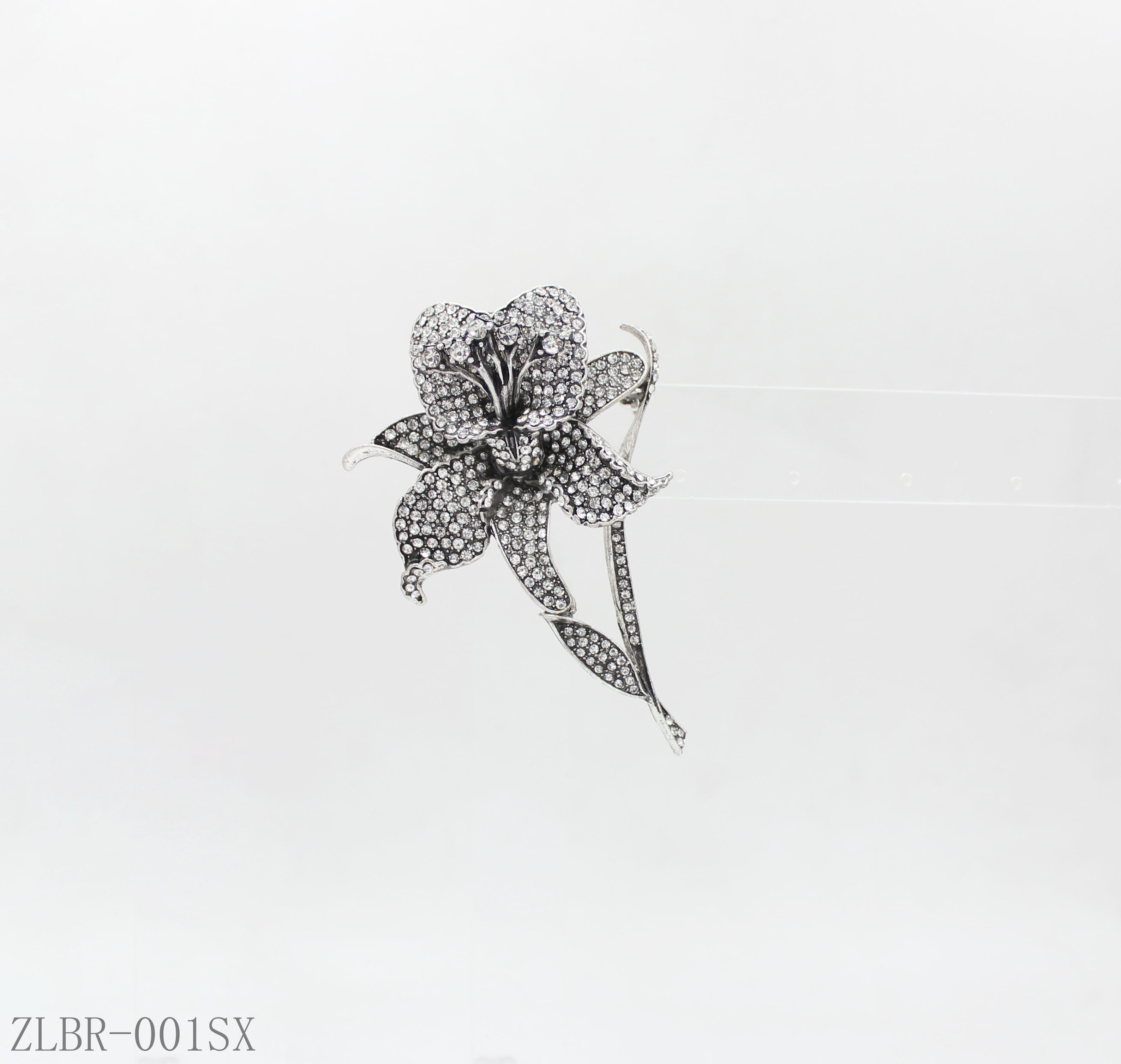 Zara Style Antique Silver Full‑Paved Crystal Lily Statement Brooch | Factory Direct Wholesale