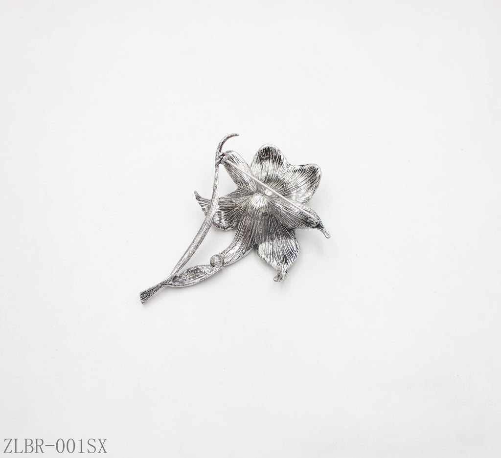 Zara Style Antique Silver Full‑Paved Crystal Lily Statement Brooch | Factory Direct Wholesale