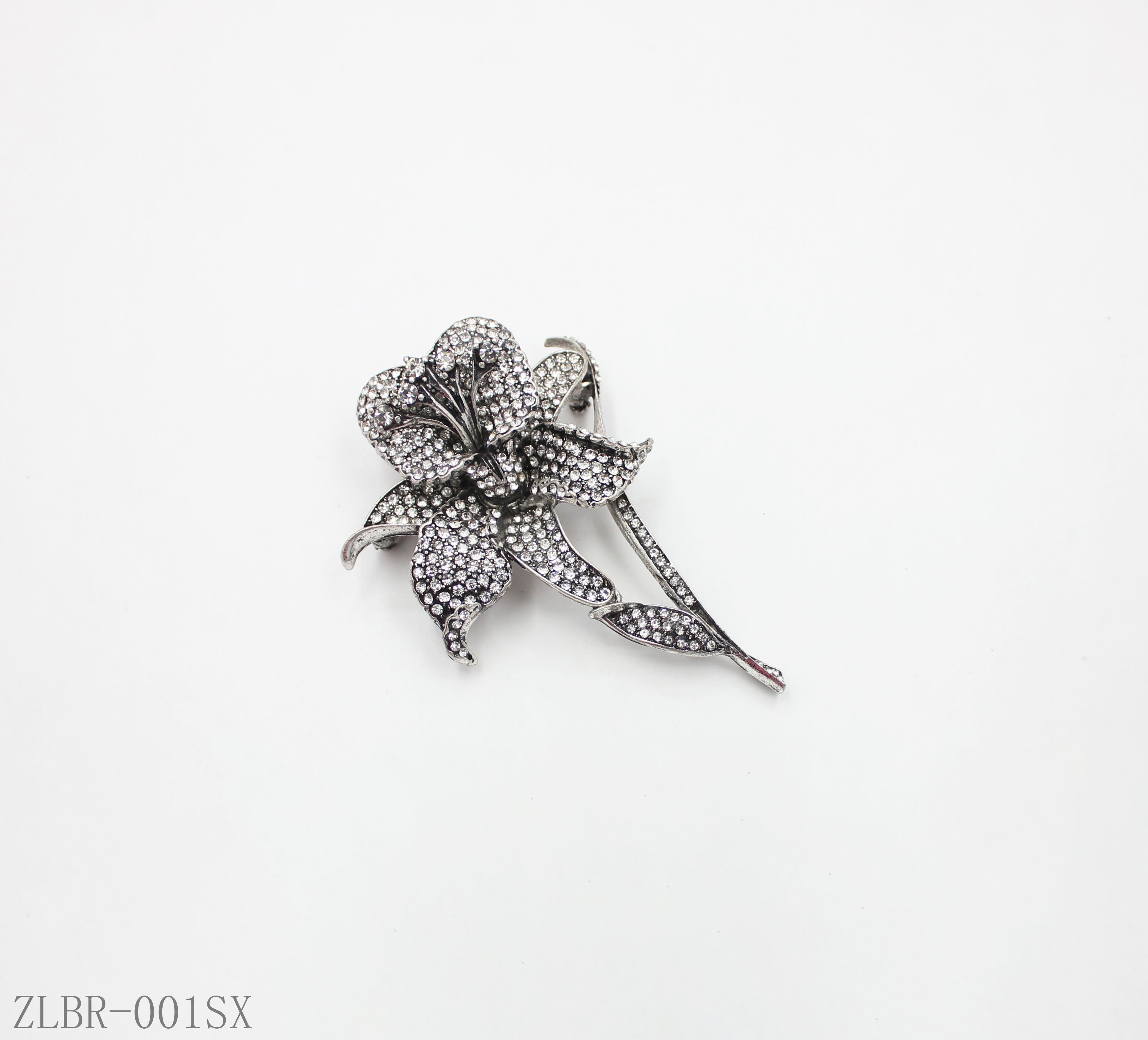 Zara Style Antique Silver Full‑Paved Crystal Lily Statement Brooch | Factory Direct Wholesale