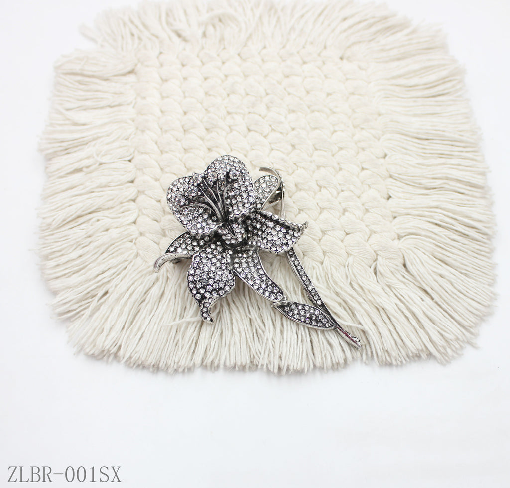 Zara Style Antique Silver Full‑Paved Crystal Lily Statement Brooch | Factory Direct Wholesale