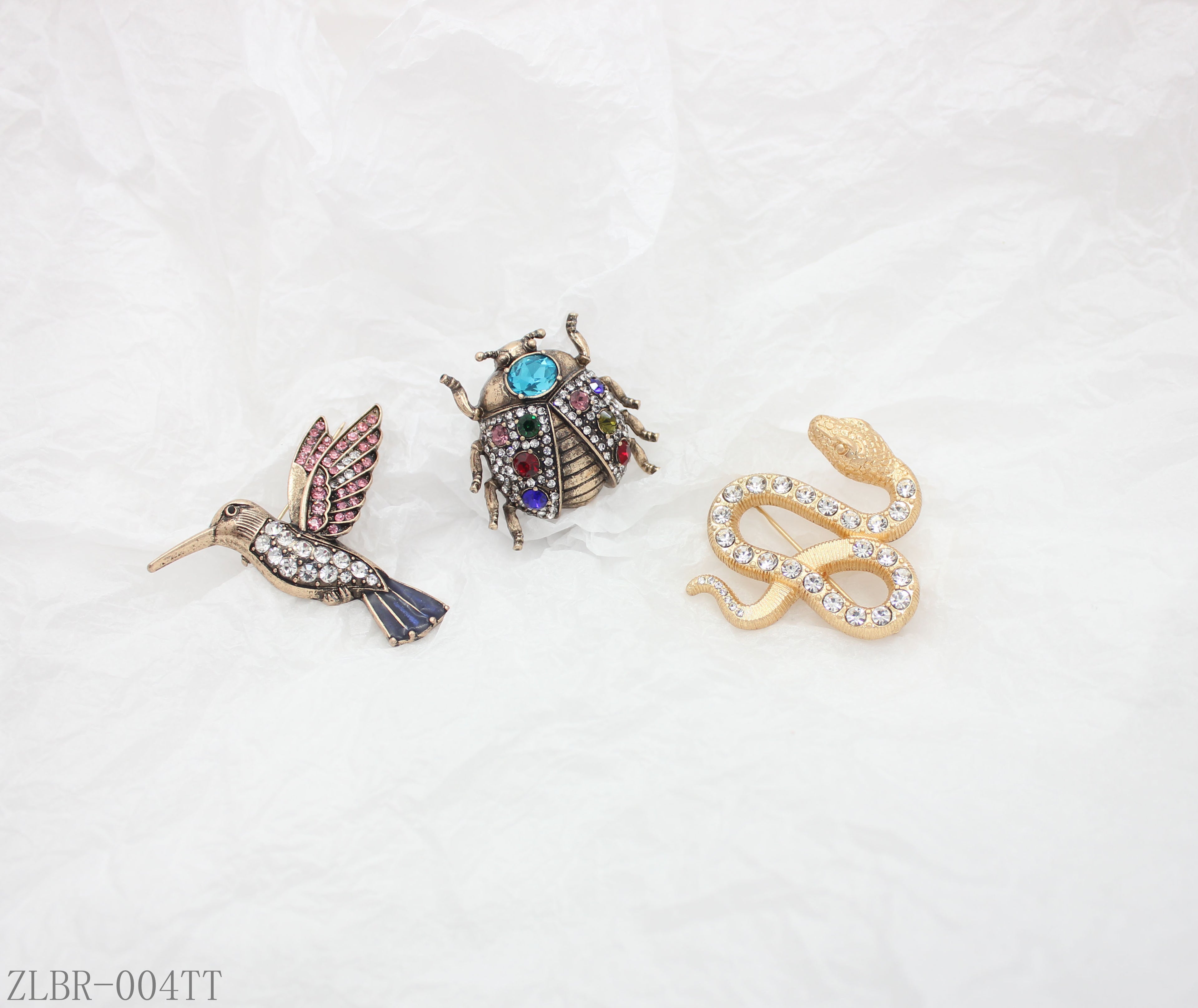 Antique Gold Multi‑Color Crystal Hummingbird Snake Beetle 3‑Piece Vintage Animal Brooch Set | Factory Direct Wholesale