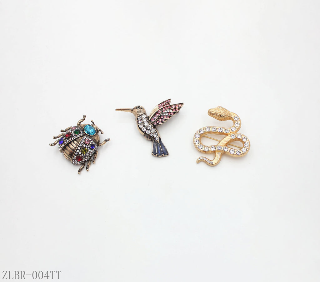 Antique Gold Multi‑Color Crystal Hummingbird Snake Beetle 3‑Piece Vintage Animal Brooch Set | Factory Direct Wholesale