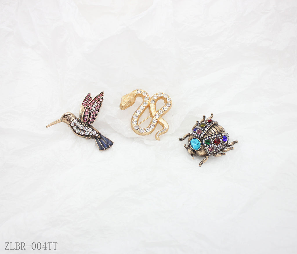 Antique Gold Multi‑Color Crystal Hummingbird Snake Beetle 3‑Piece Vintage Animal Brooch Set | Factory Direct Wholesale
