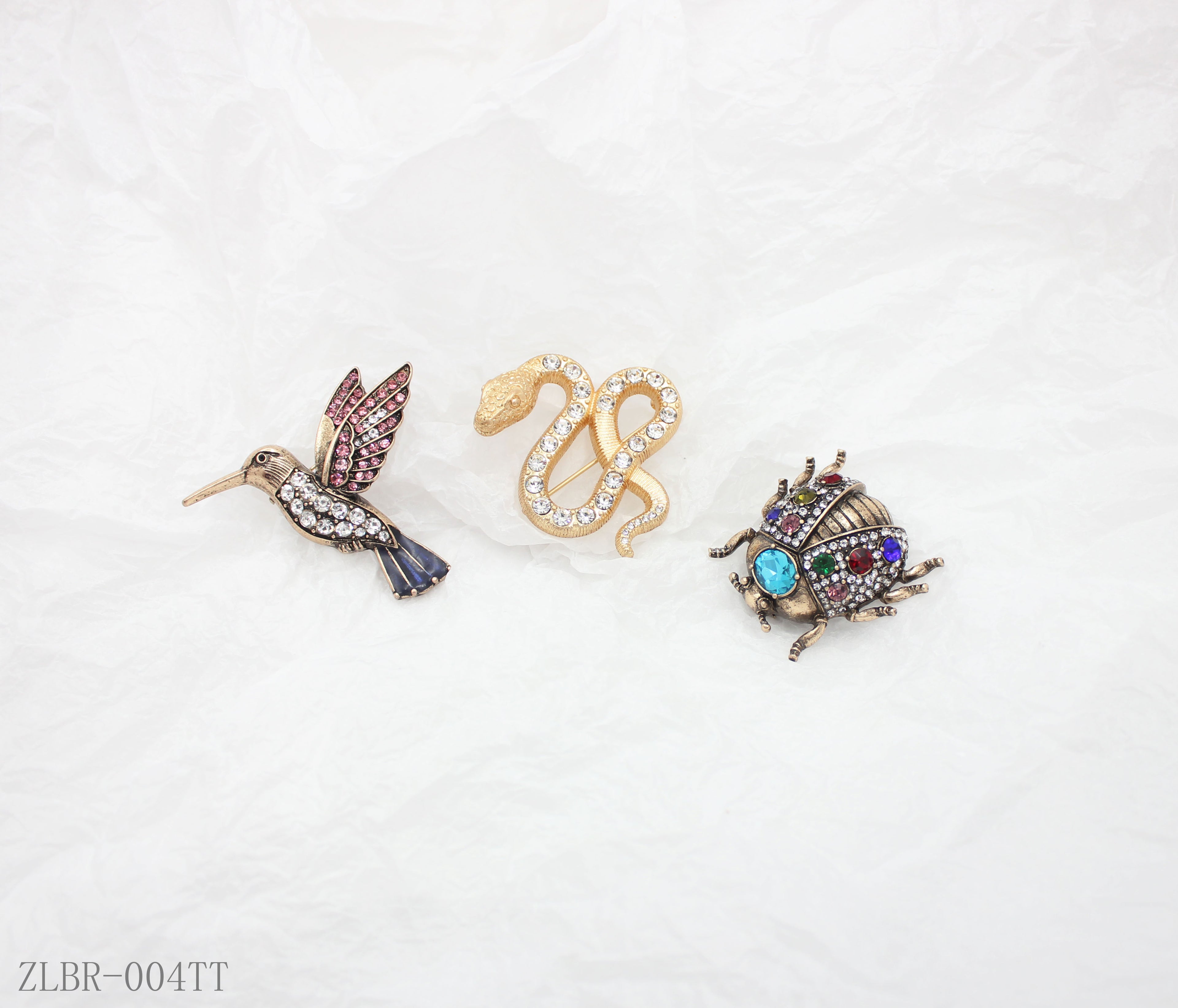 Antique Gold Multi‑Color Crystal Hummingbird Snake Beetle 3‑Piece Vintage Animal Brooch Set | Factory Direct Wholesale