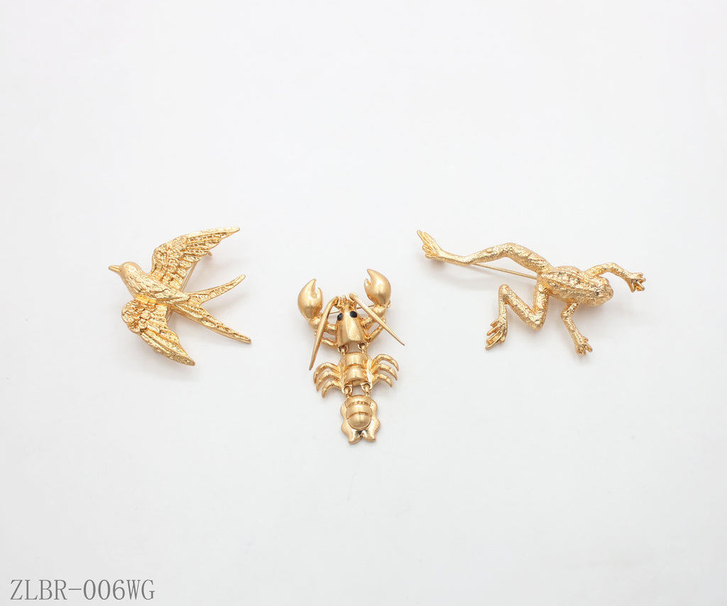 Matte Gold Embossed Frog Lobster Swallow 3‑Piece Nature‑Inspired Animal Brooch Set | Factory Direct Wholesale